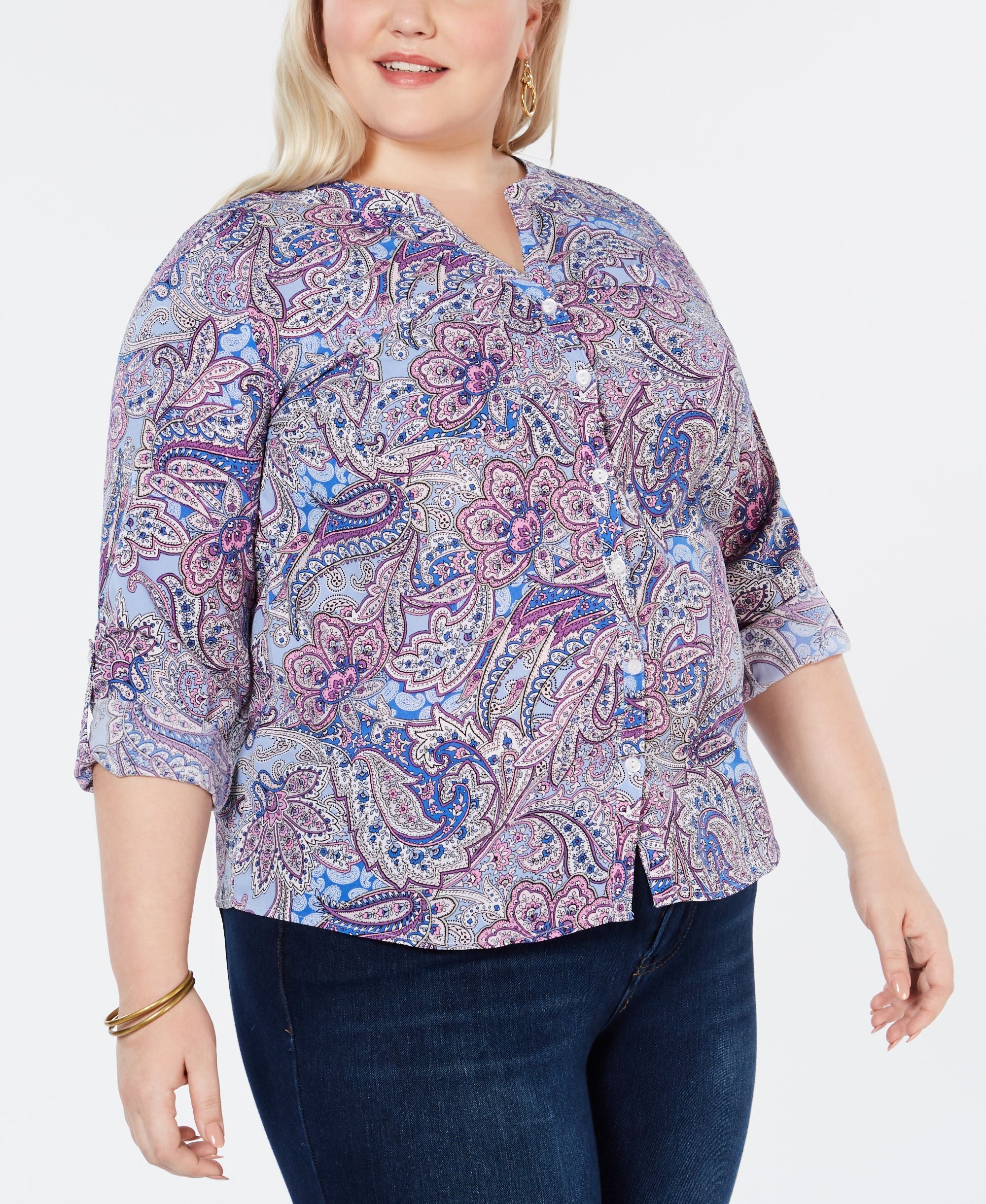 NY Collection Plus Size Printed Roll Tab Sleeve Utility Modern Shirt