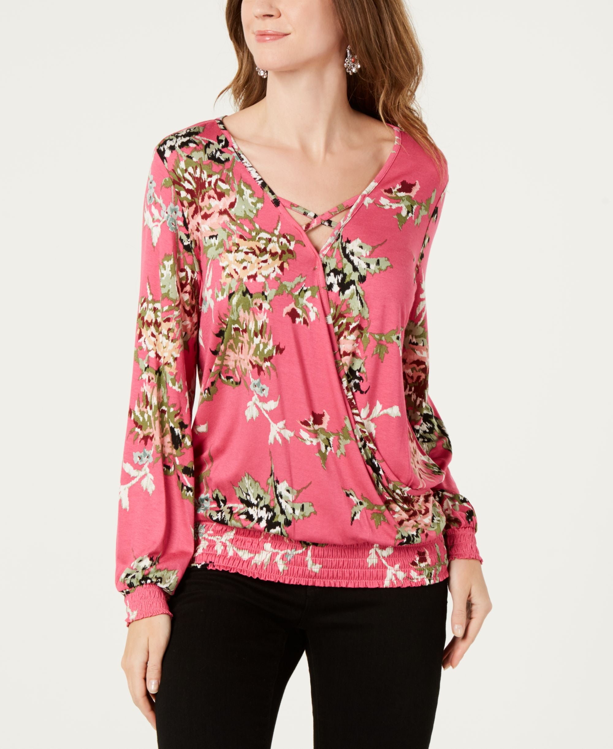 Printed-Stripe Smocked Surplice Premium Top