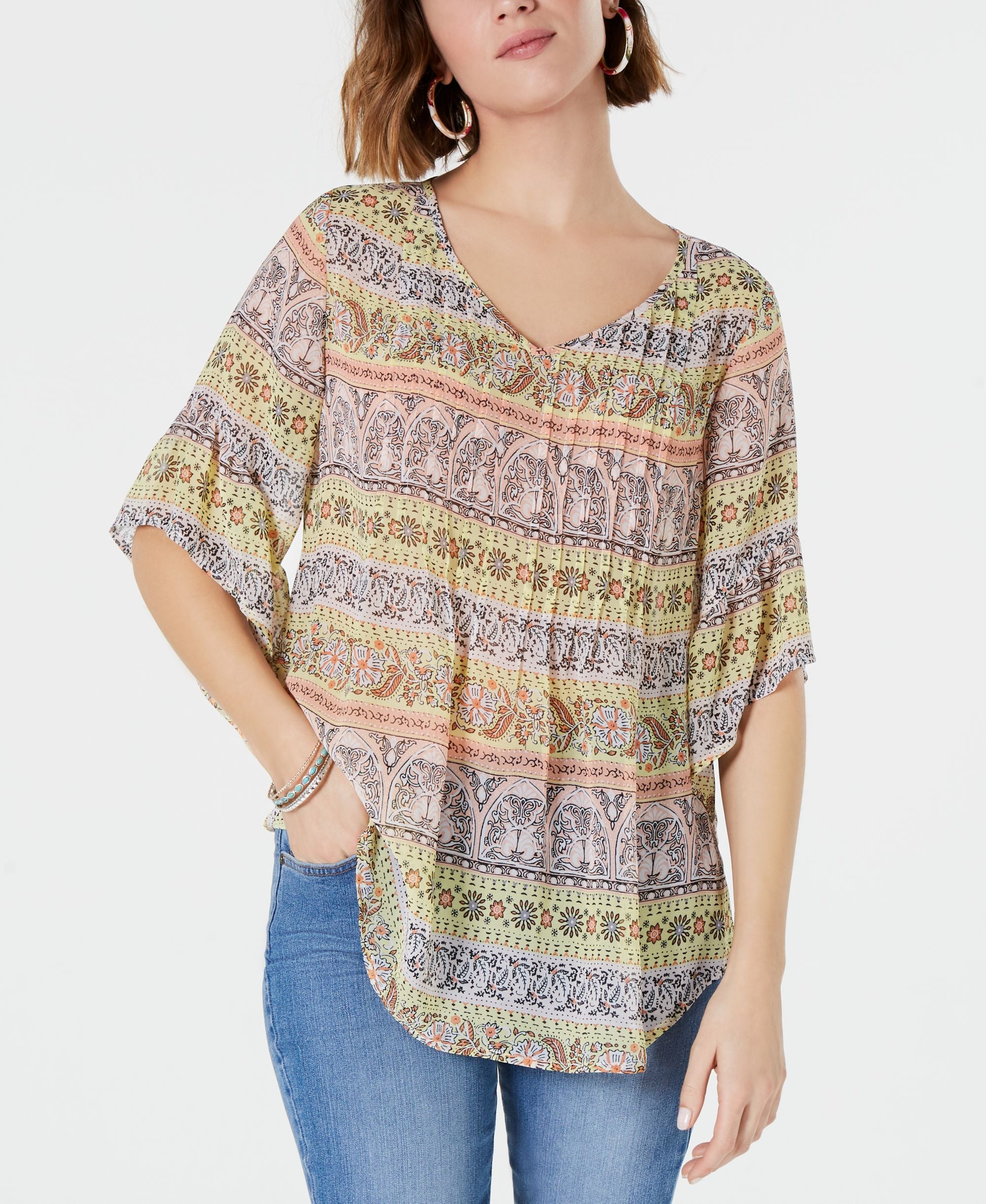 Retro Scarf-Print Pintuck-Pleat Premium Top