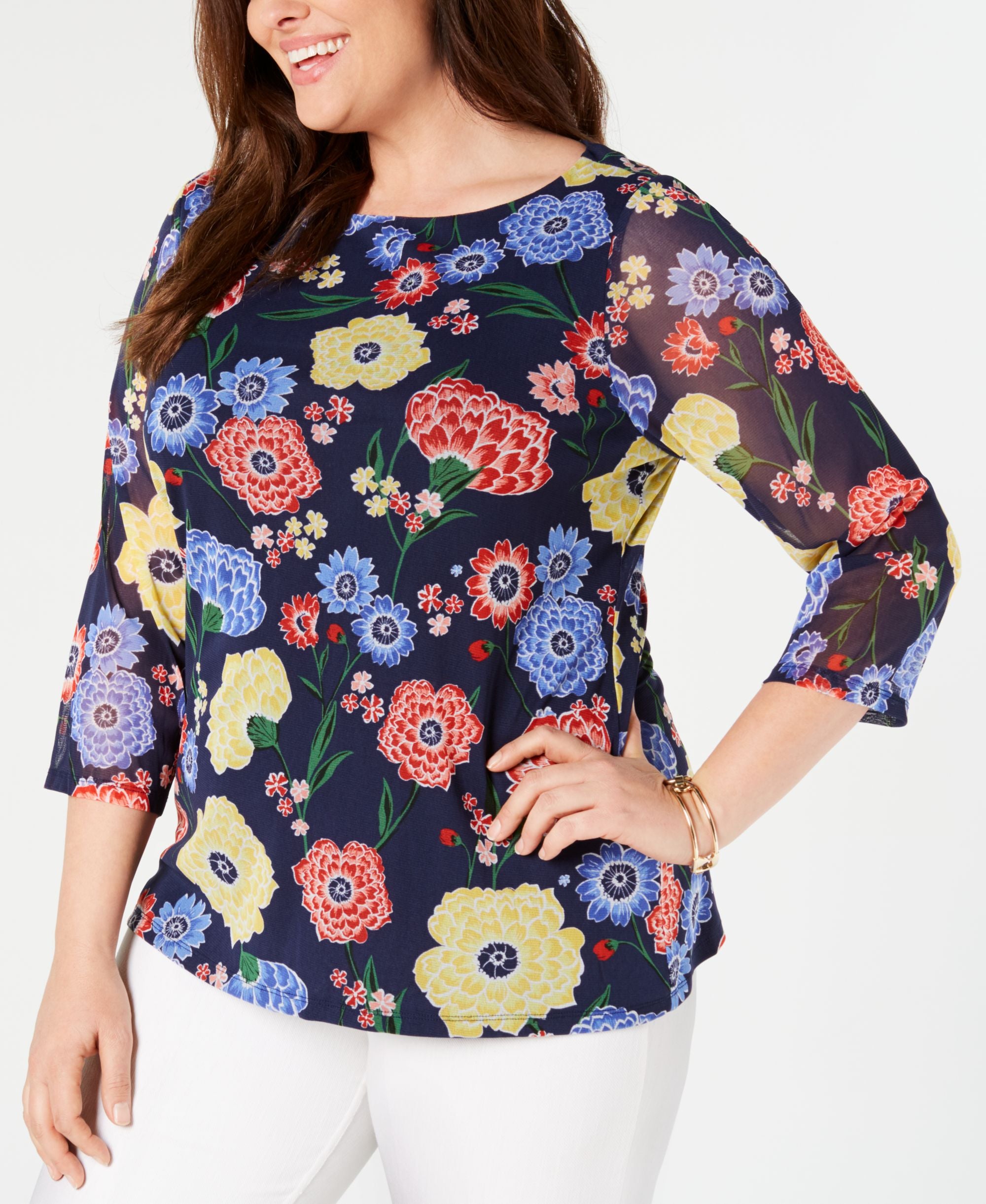 Charter Club Plus Size Printed Mesh 3/4 Sleeve Premium Top