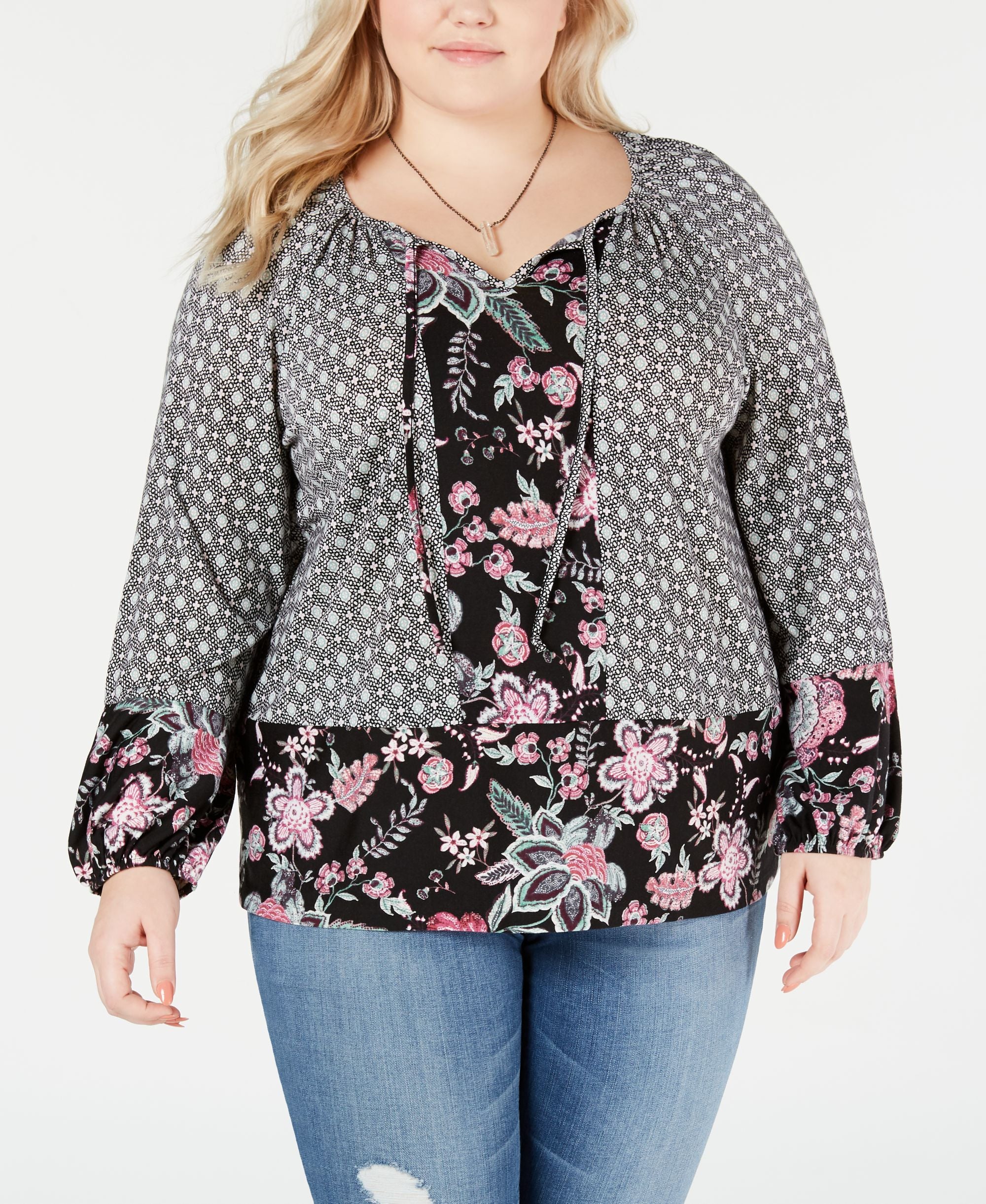 Plus Size Mixed-Print Bishop-Sleeve Premium Top