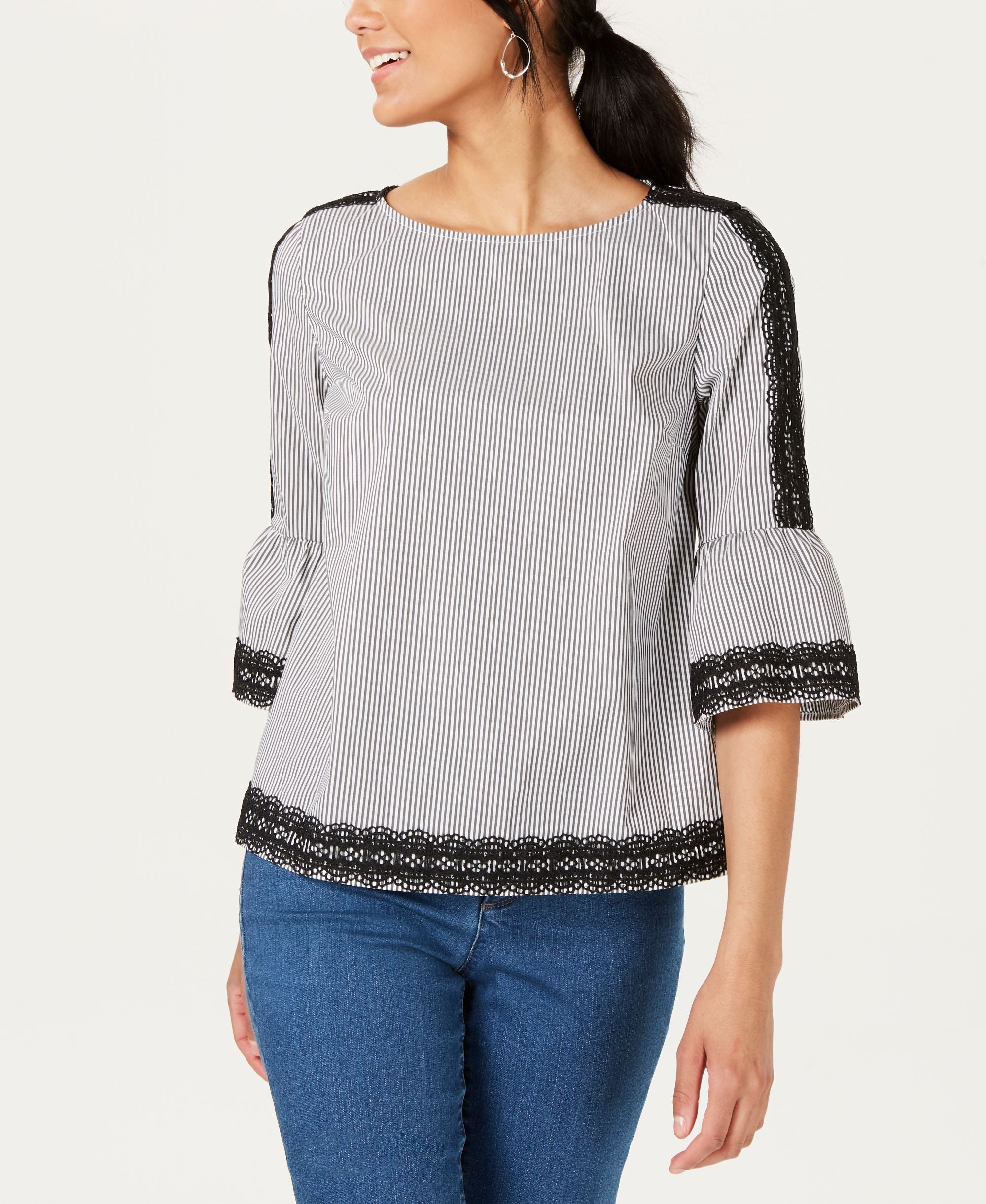Petite Woven Trim Bell-Sleeve Signature Blouse