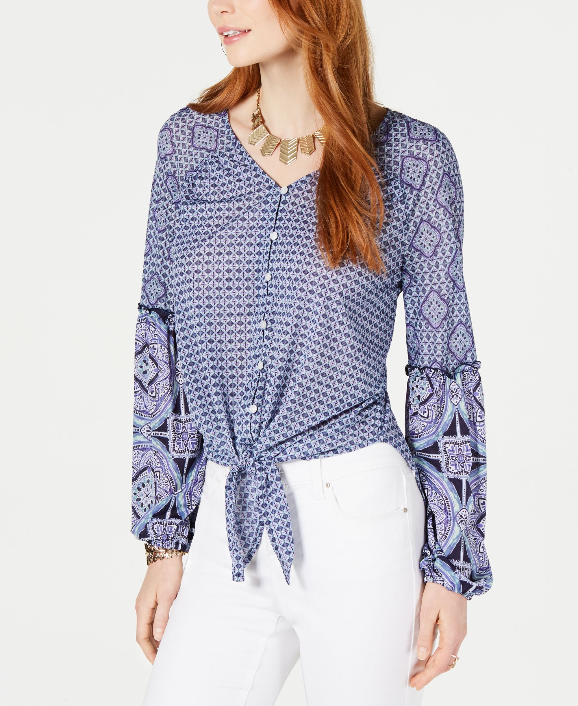 Mixed-Print Tie-Front Button-Up Premium Top