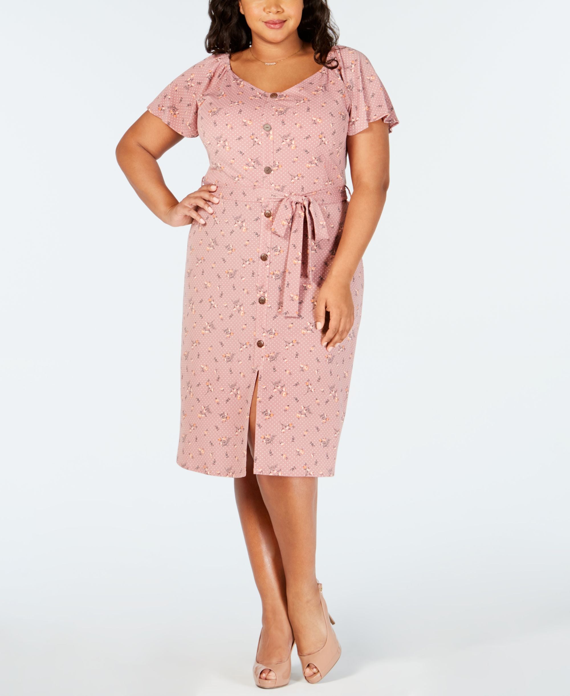 Monteau Modern Plus Size Printed Sweetheart Neck Shirtdress