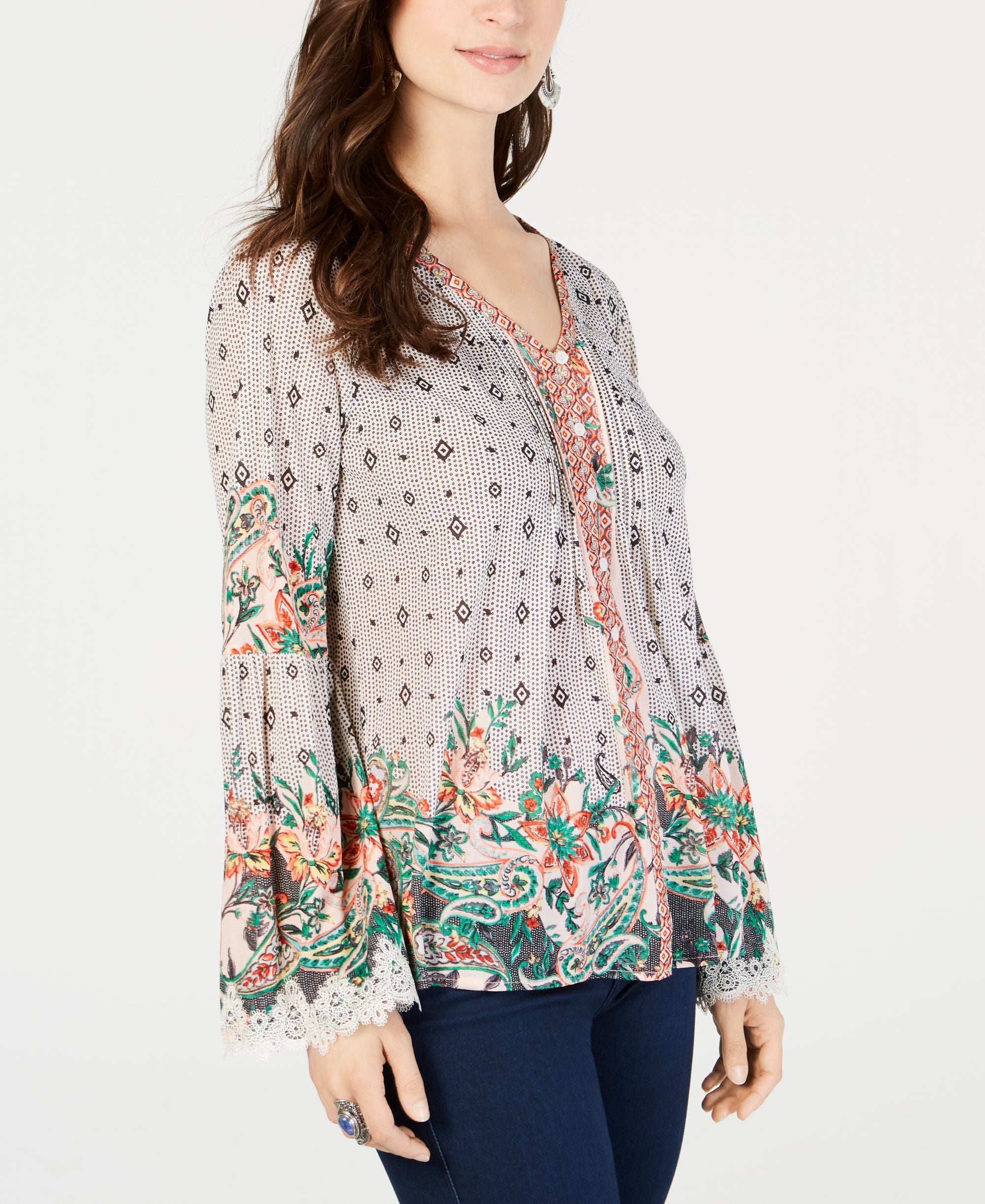 Style & Co Border Print V Neck Premium Top
