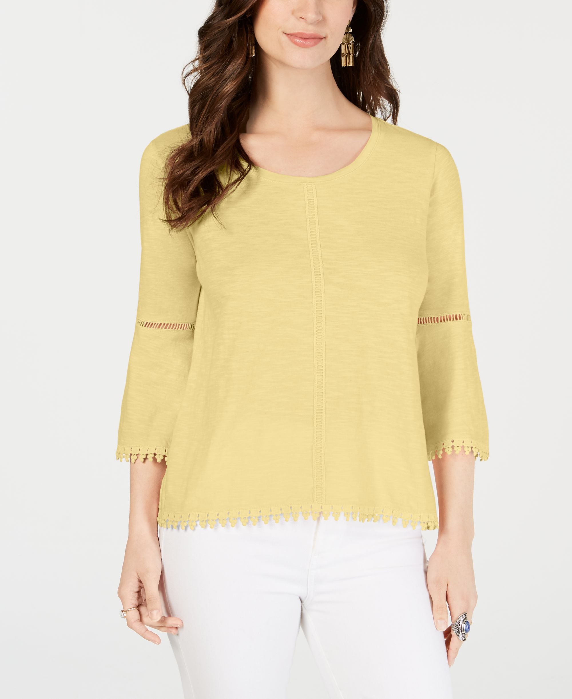Style & Co Crochet Trim Bell Sleeve Premium Top