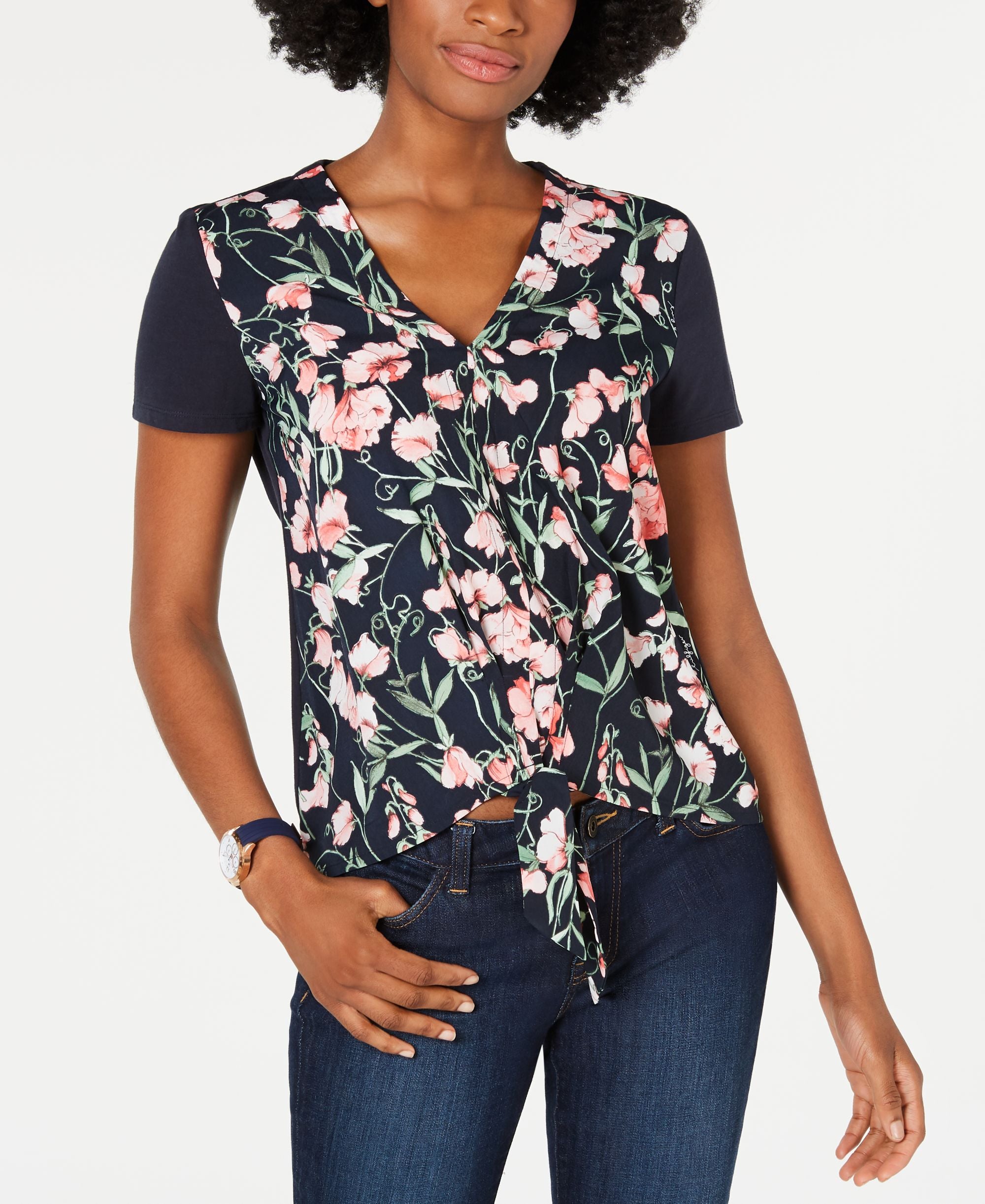 Tommy Hilfiger Floral Print Tie Hem Premium Top