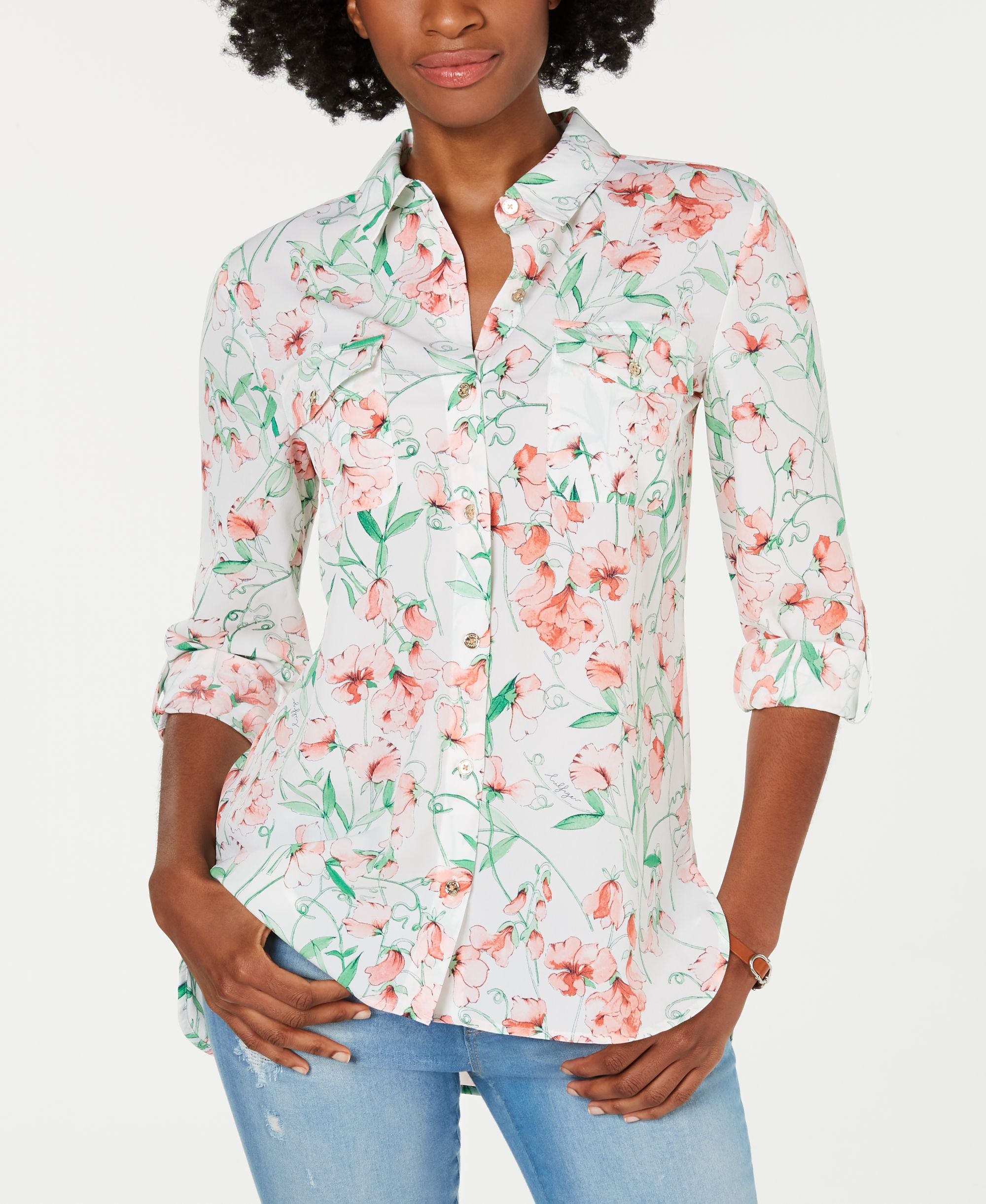 Tommy Hilfiger Floral Print Roll Tab Signature Blouse