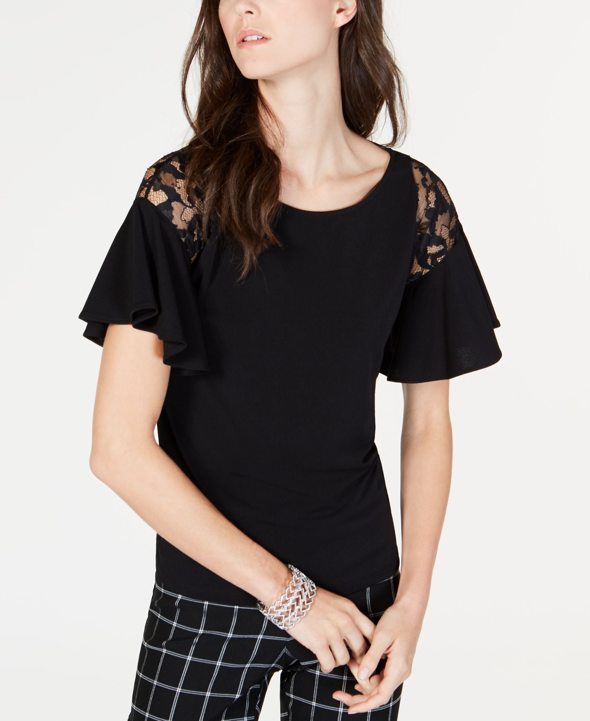Short-Sleeve Lace Detail Ruffle Modern Shirt