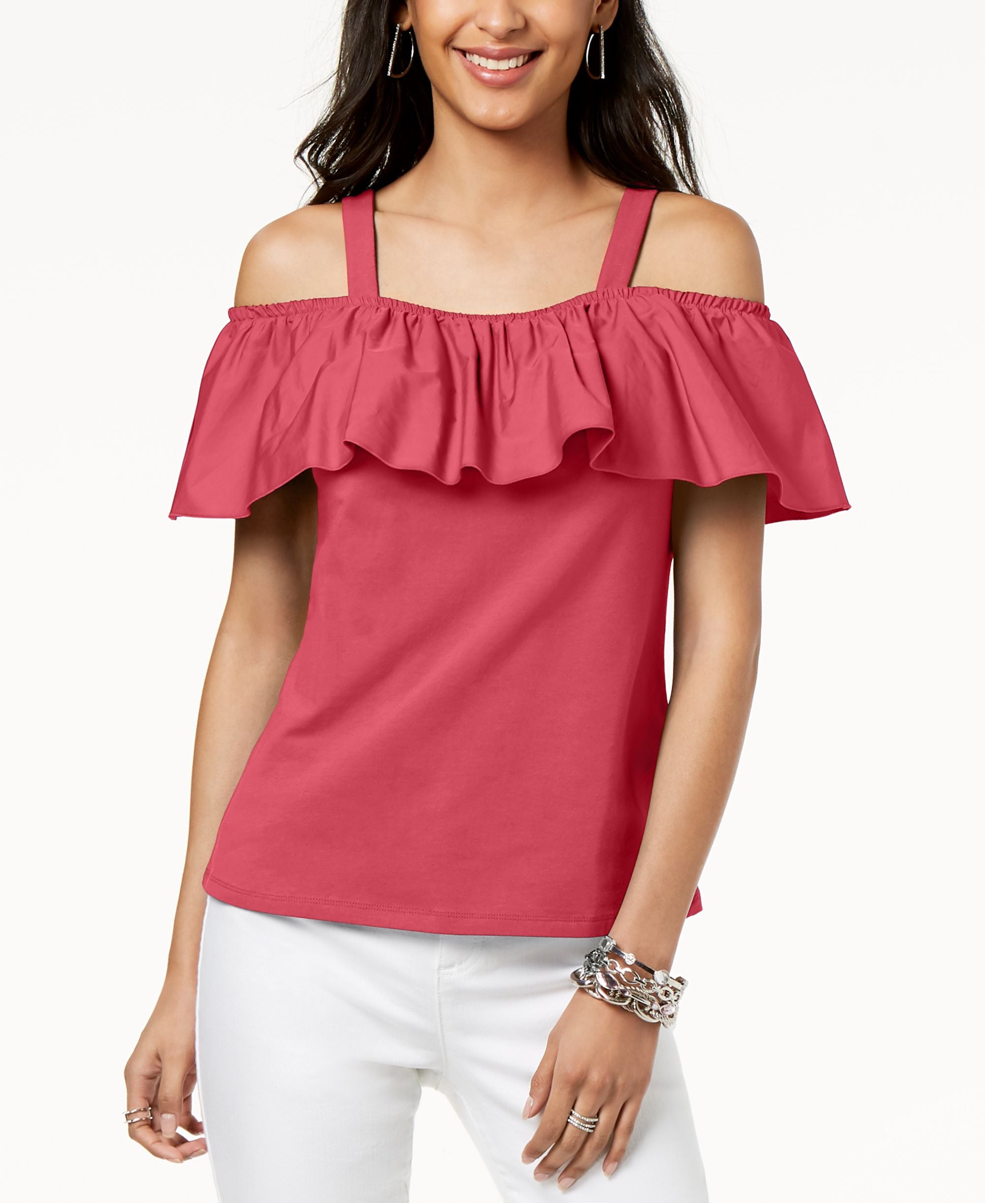 I.N.C. Petite Cold-Shoulder Ruffle Premium Top