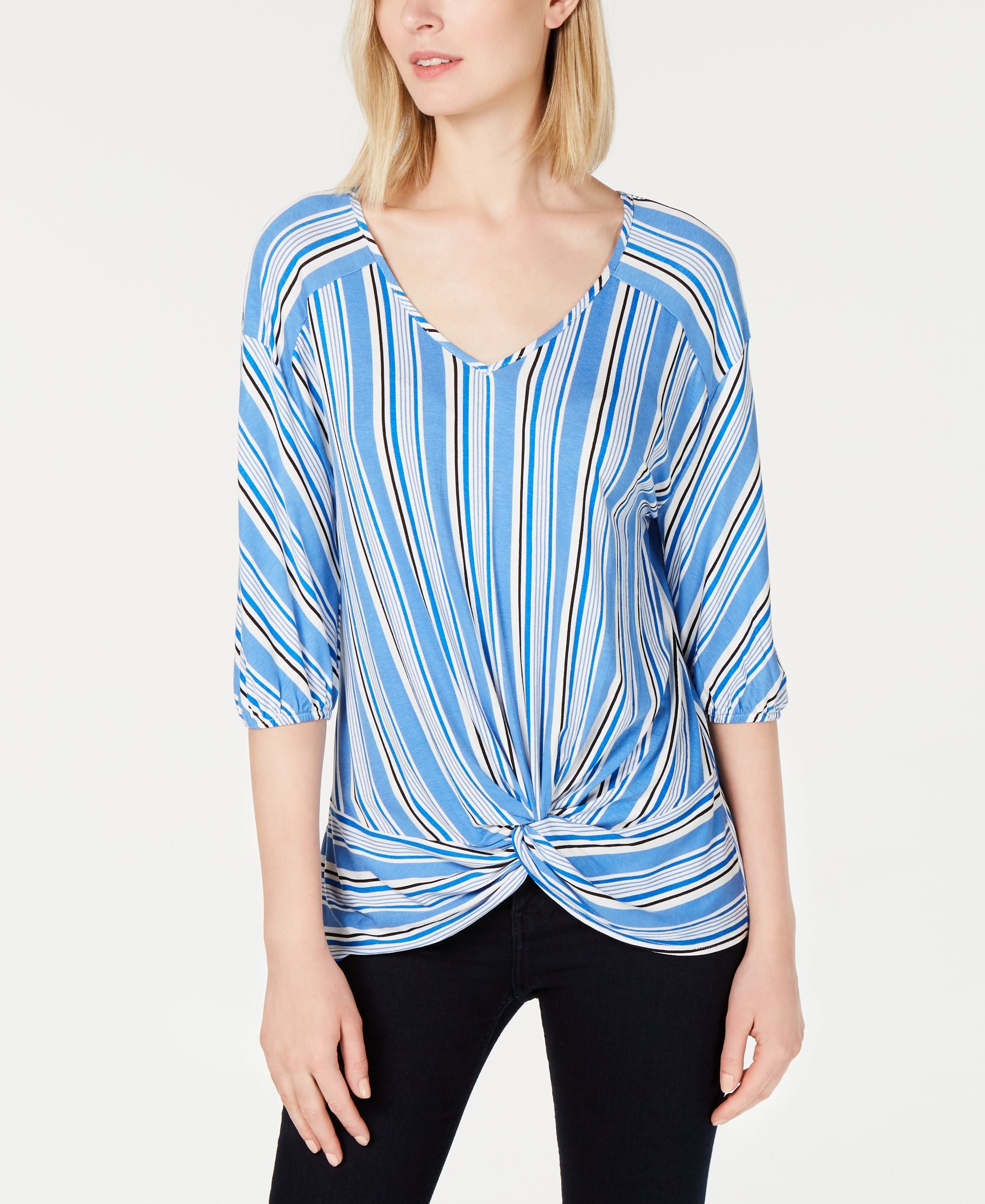 NY Collection Petite Striped Twist Front Premium Top