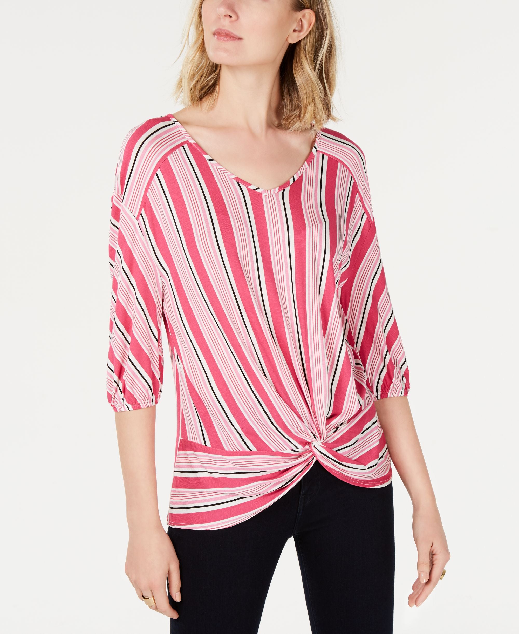 NY Collection Petite Striped Twist Front Premium Top