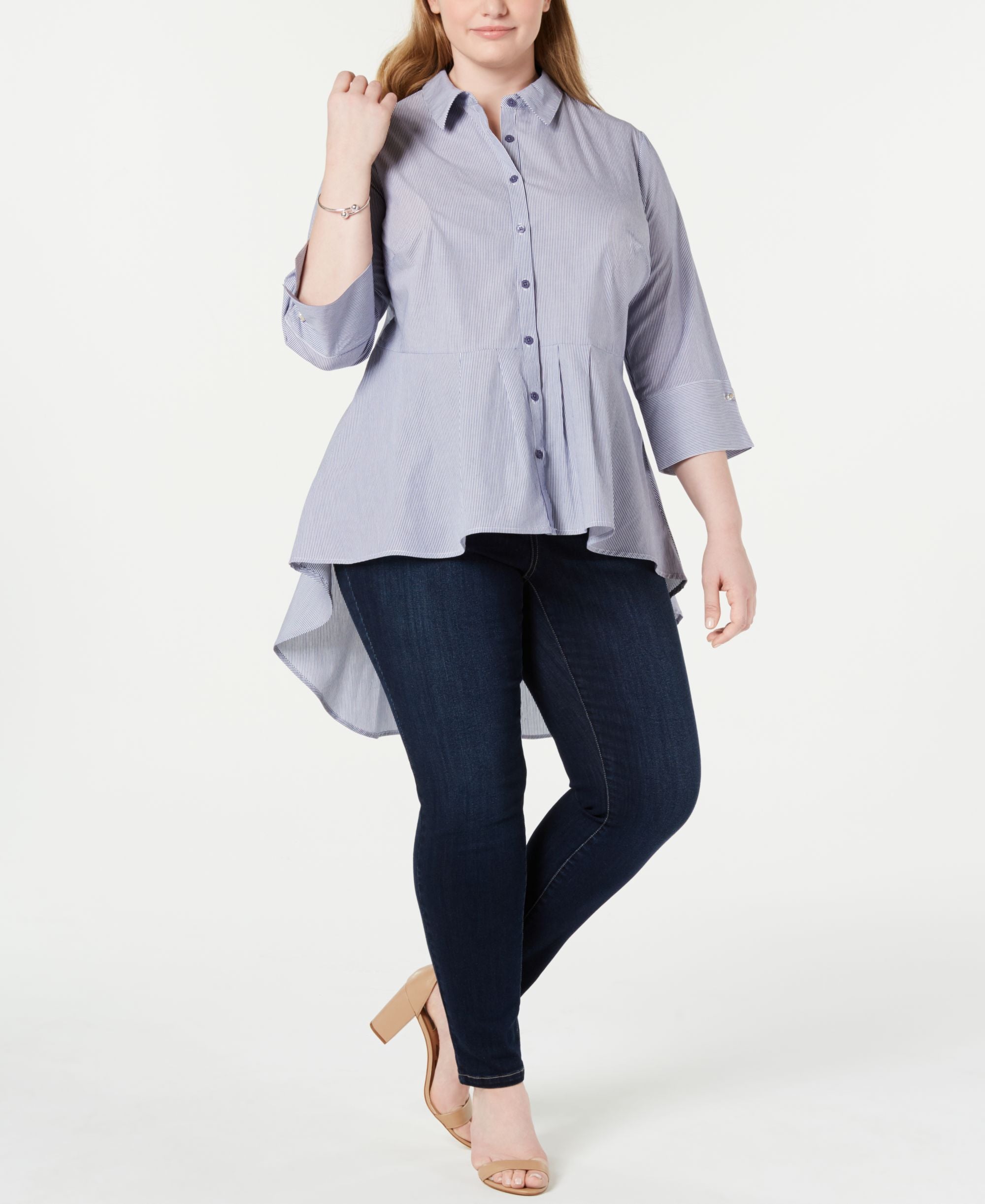 Plus Size Cotton Pleated High-Low Signature Blouse