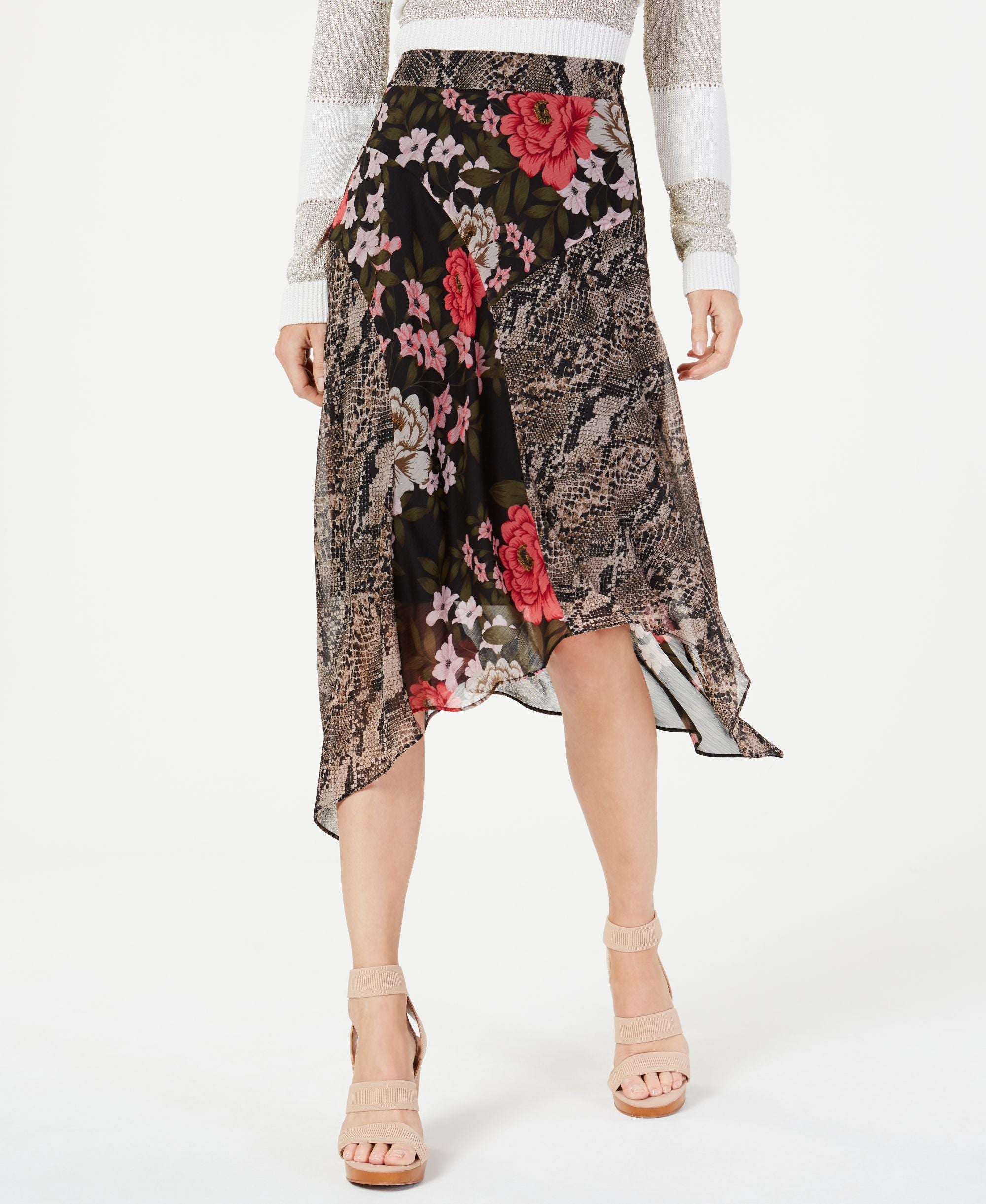 Mixed Print Floral Midi Modern Skirt