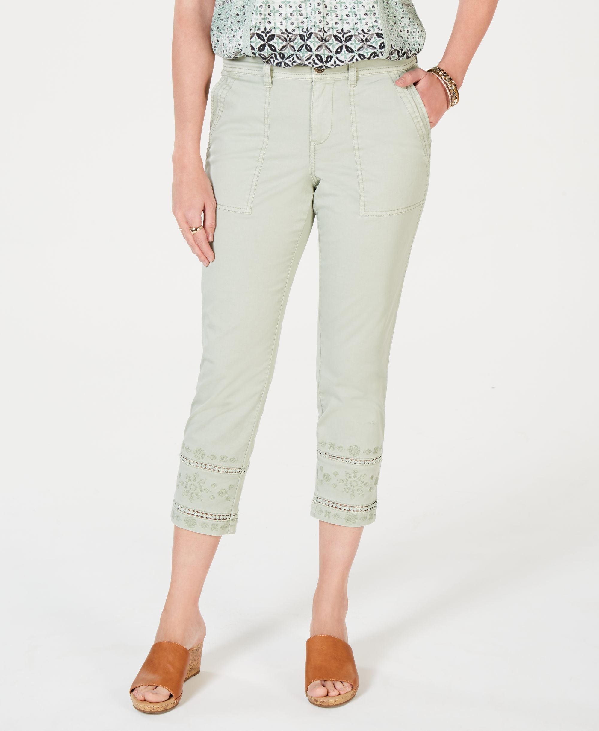 Embroidered-Hem Capri-Length Signature Pants