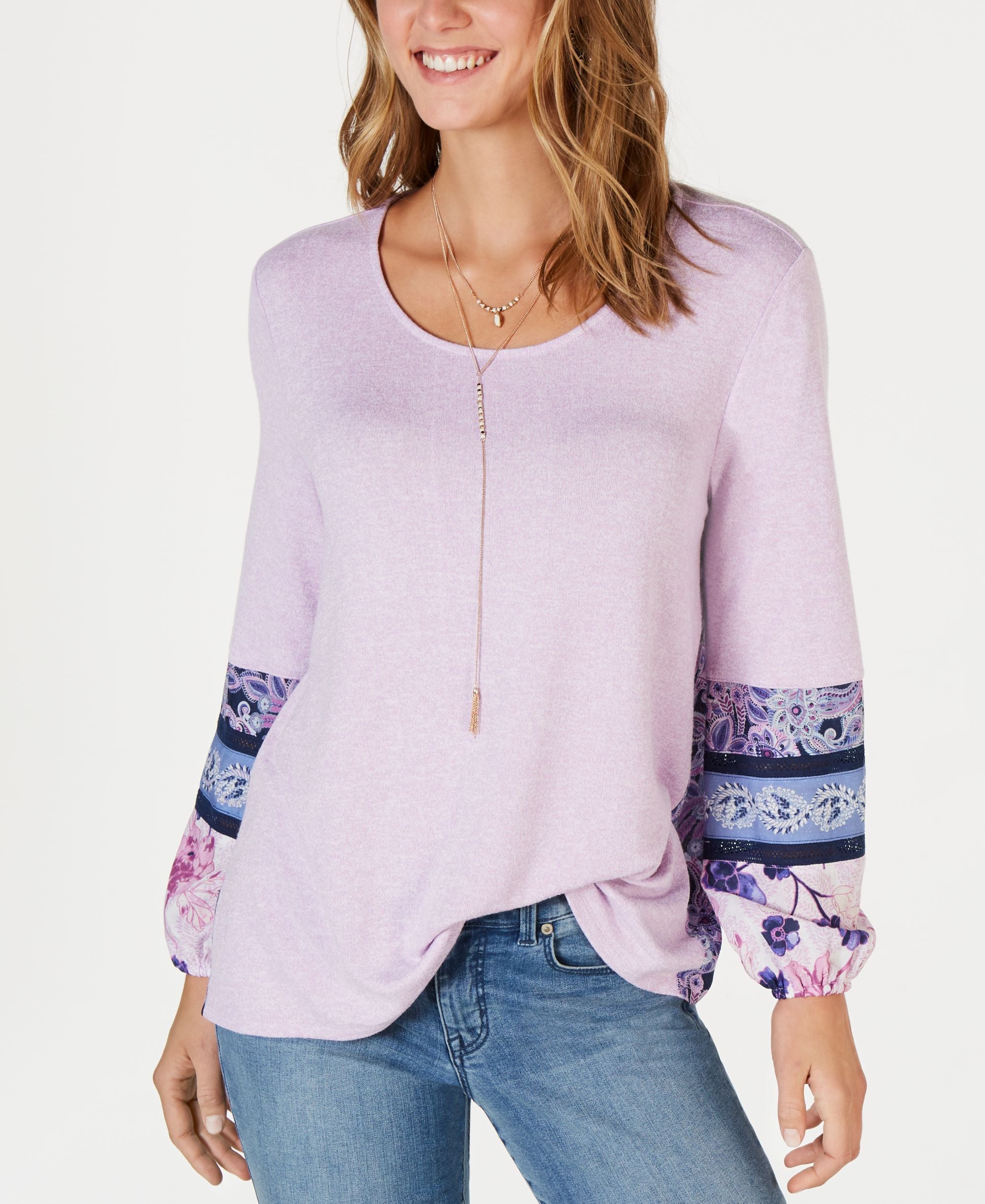 Style & Co Mixed Media Bubble Sleeve Premium Top