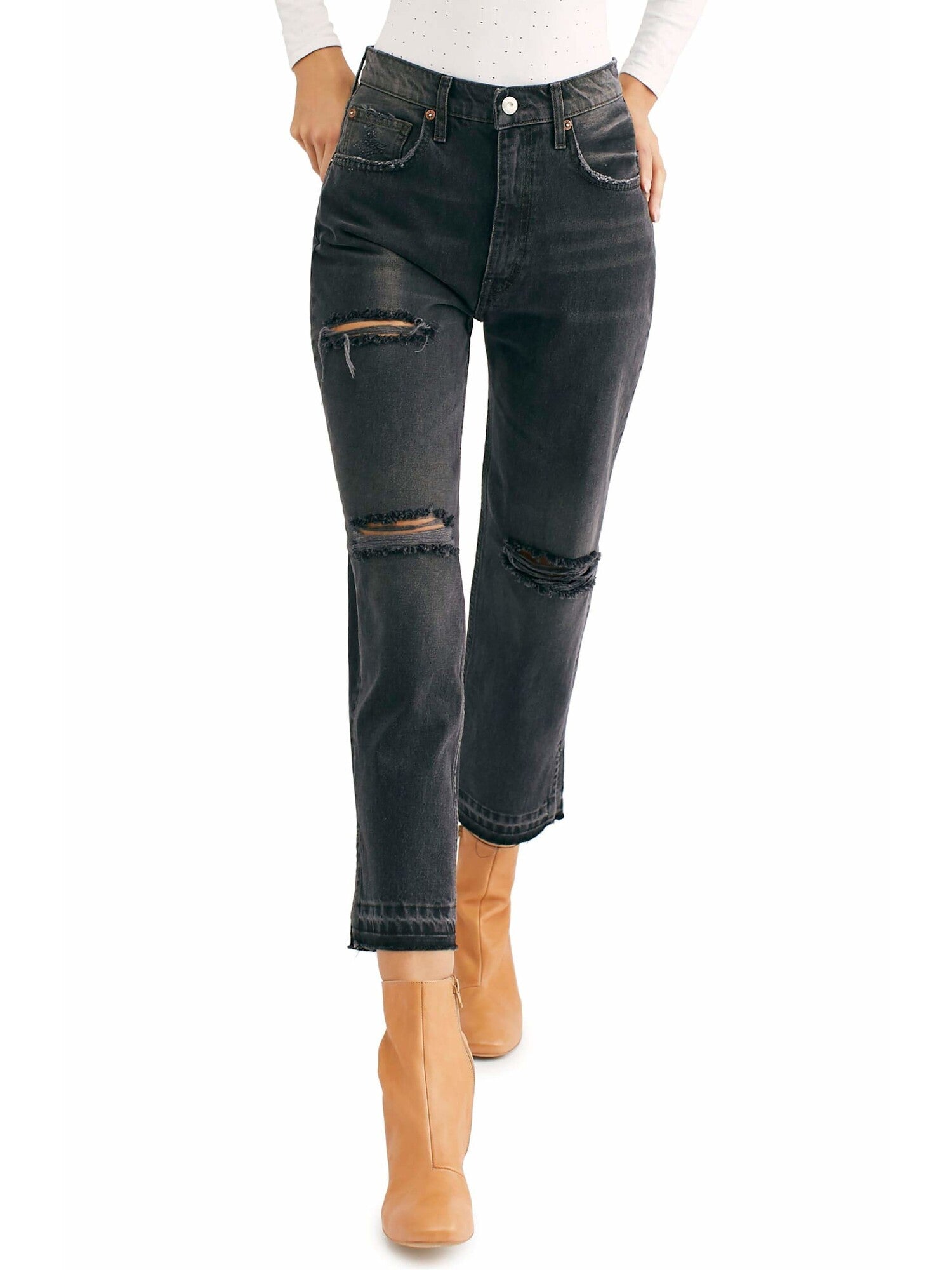 Free People Womens Lita Denim Distressed Straight-Cut Premium Jeans Black 30