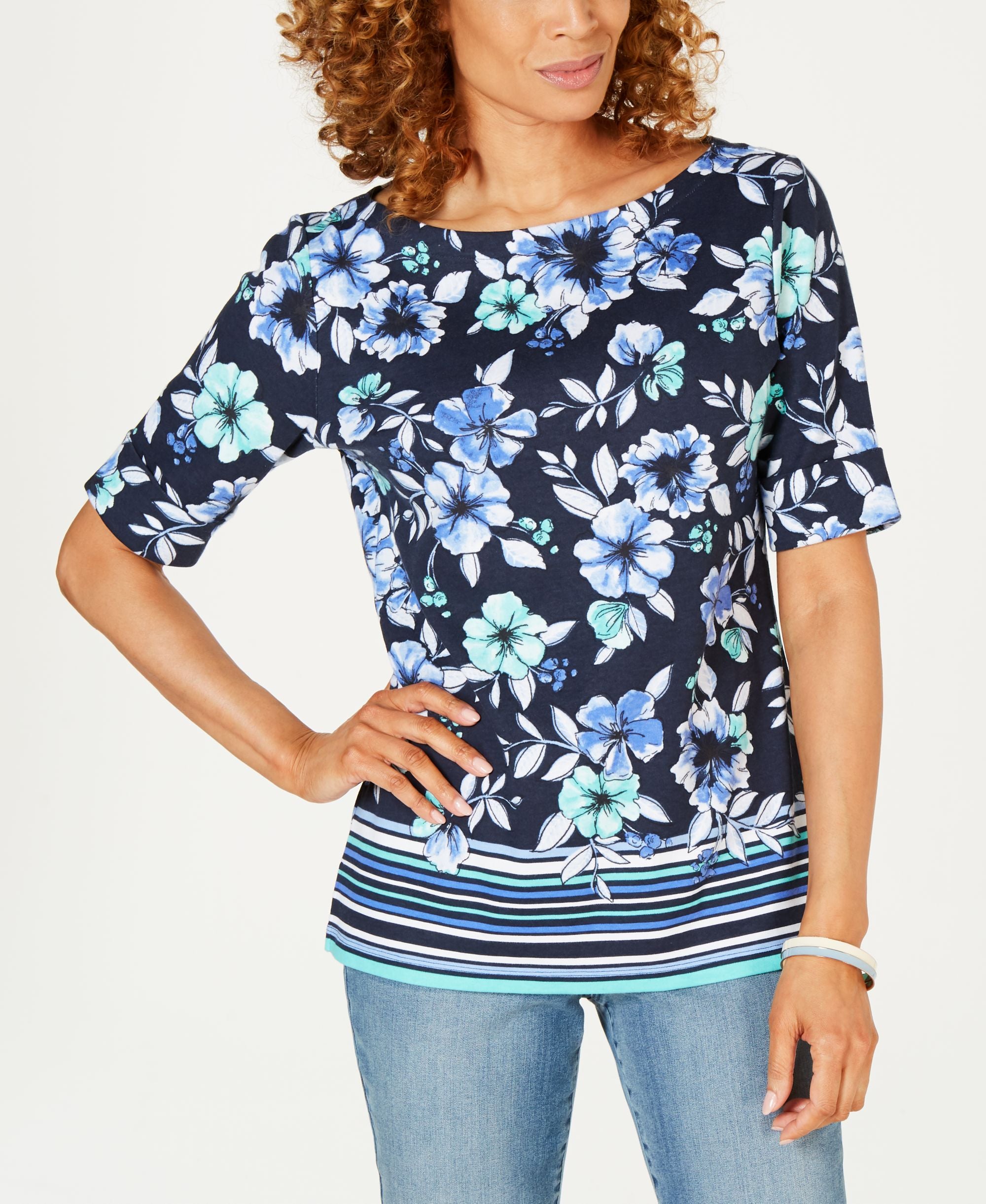 Karen Scott Boat Neck Floral Print Border Premium Top