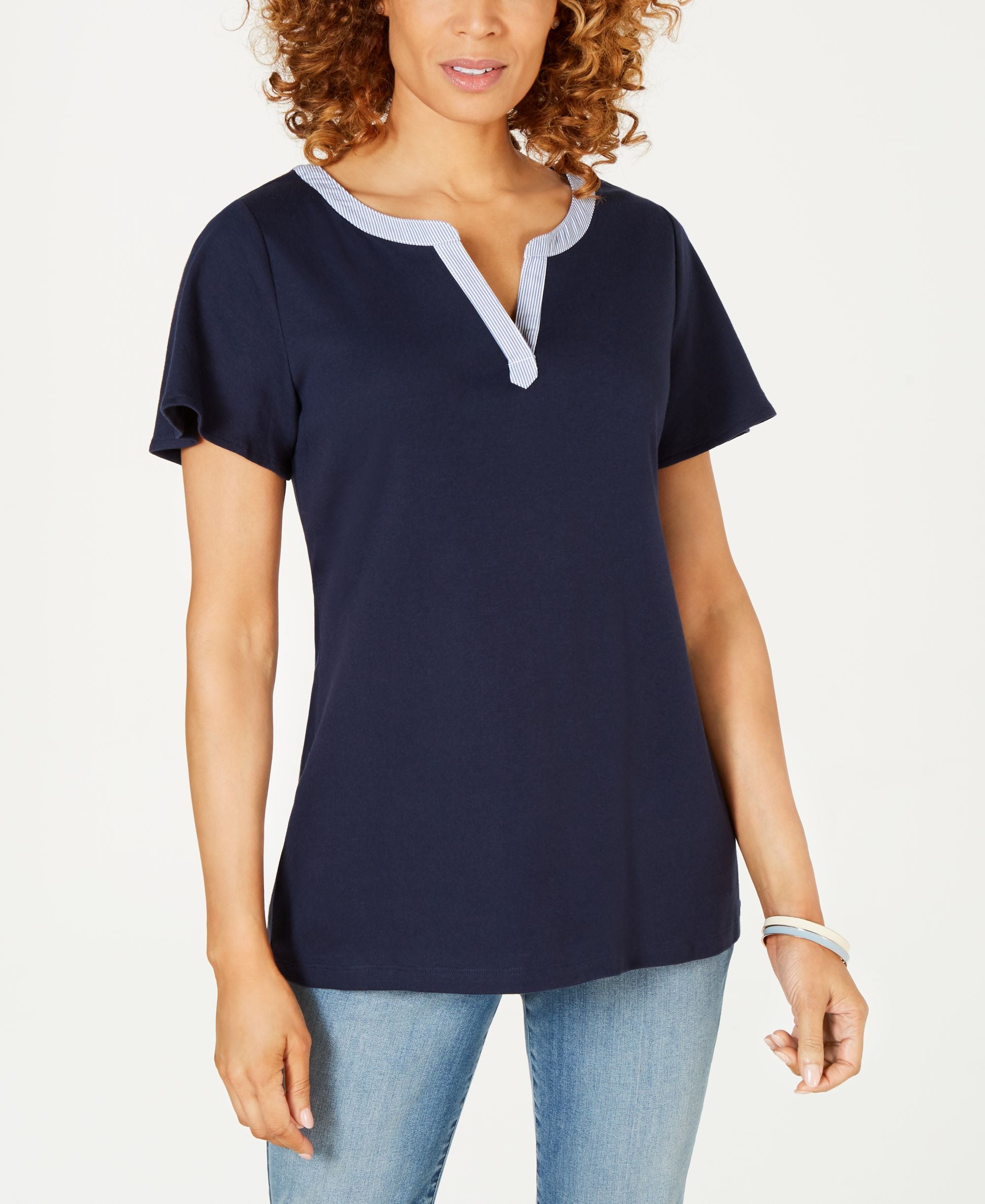 Karen Scott Striped Trim Split Neck Premium Top