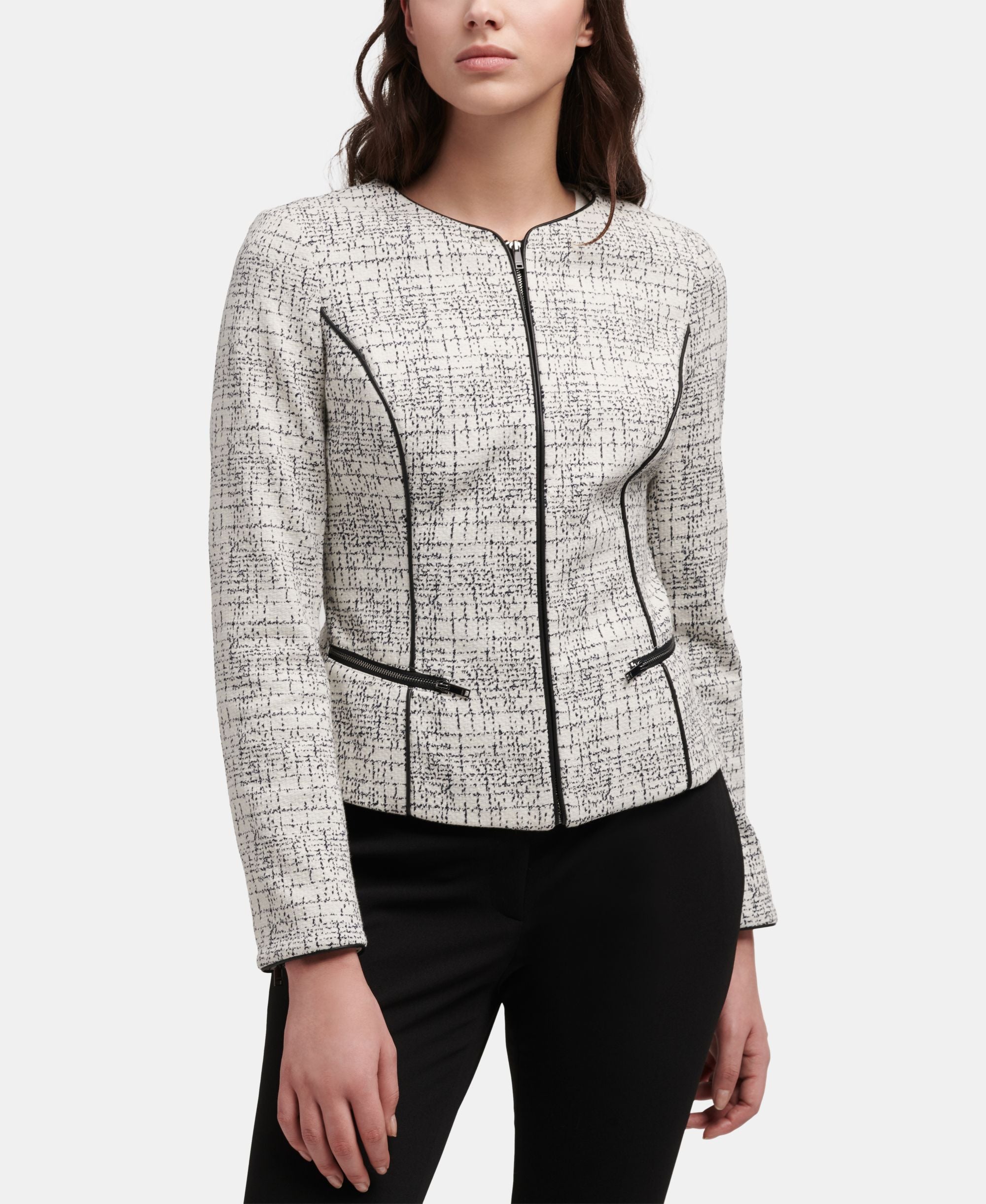 DKNY Printed Zip Up Jacket With Faux-Leather Finish Trim