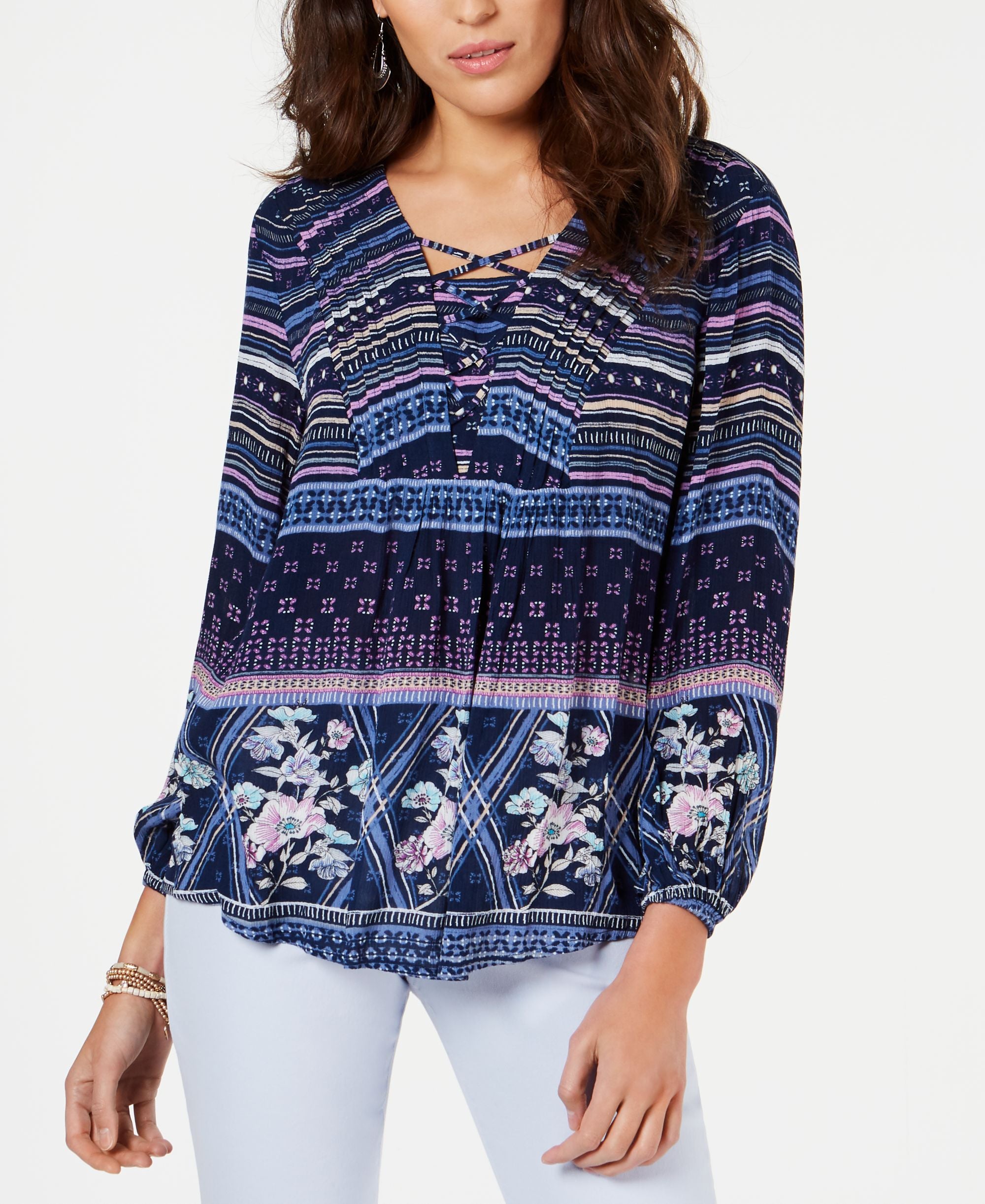 Style & Co Printed Pintucked Lace Up Premium Top