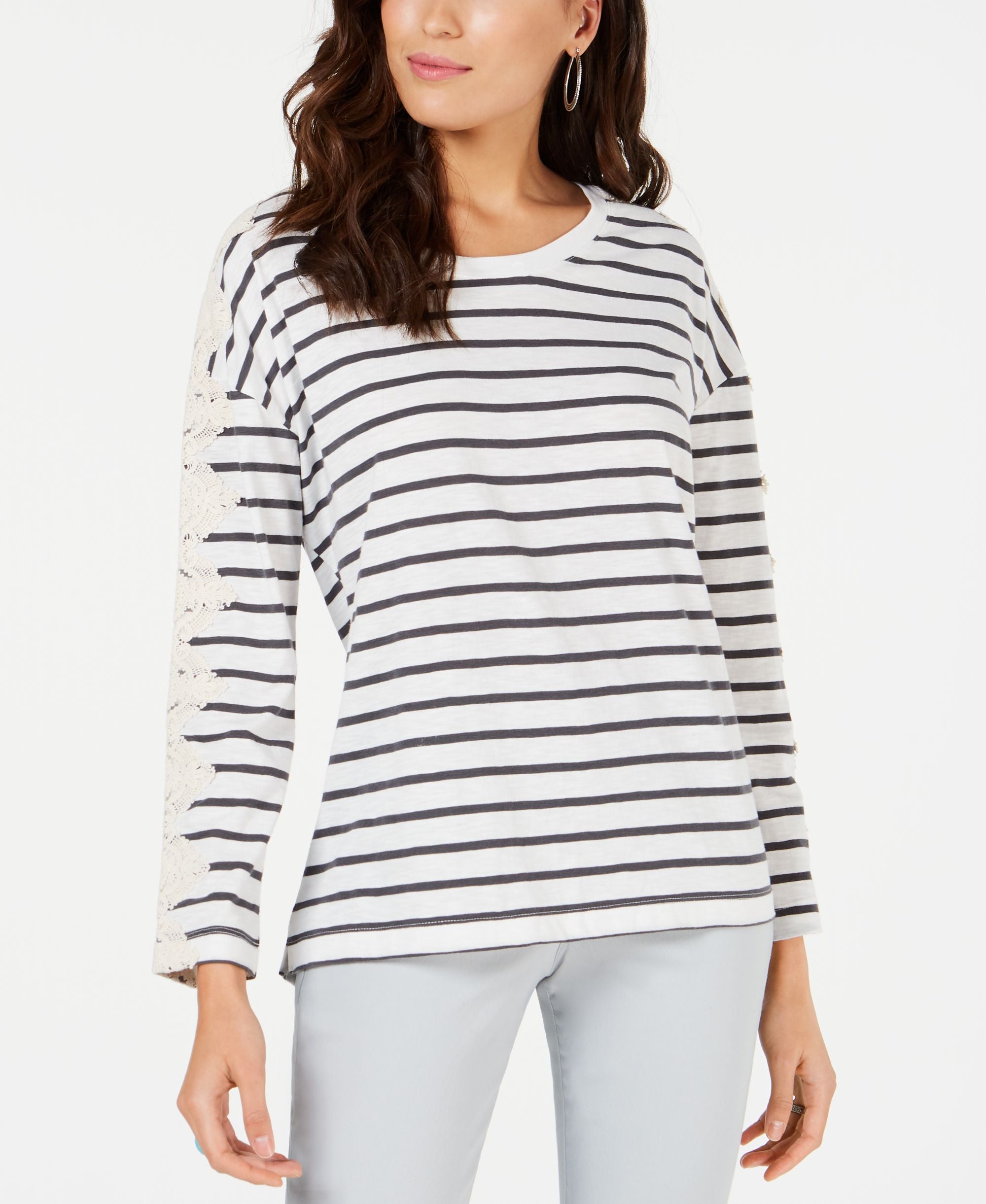 Style & Co Striped Lace Trim Premium Top