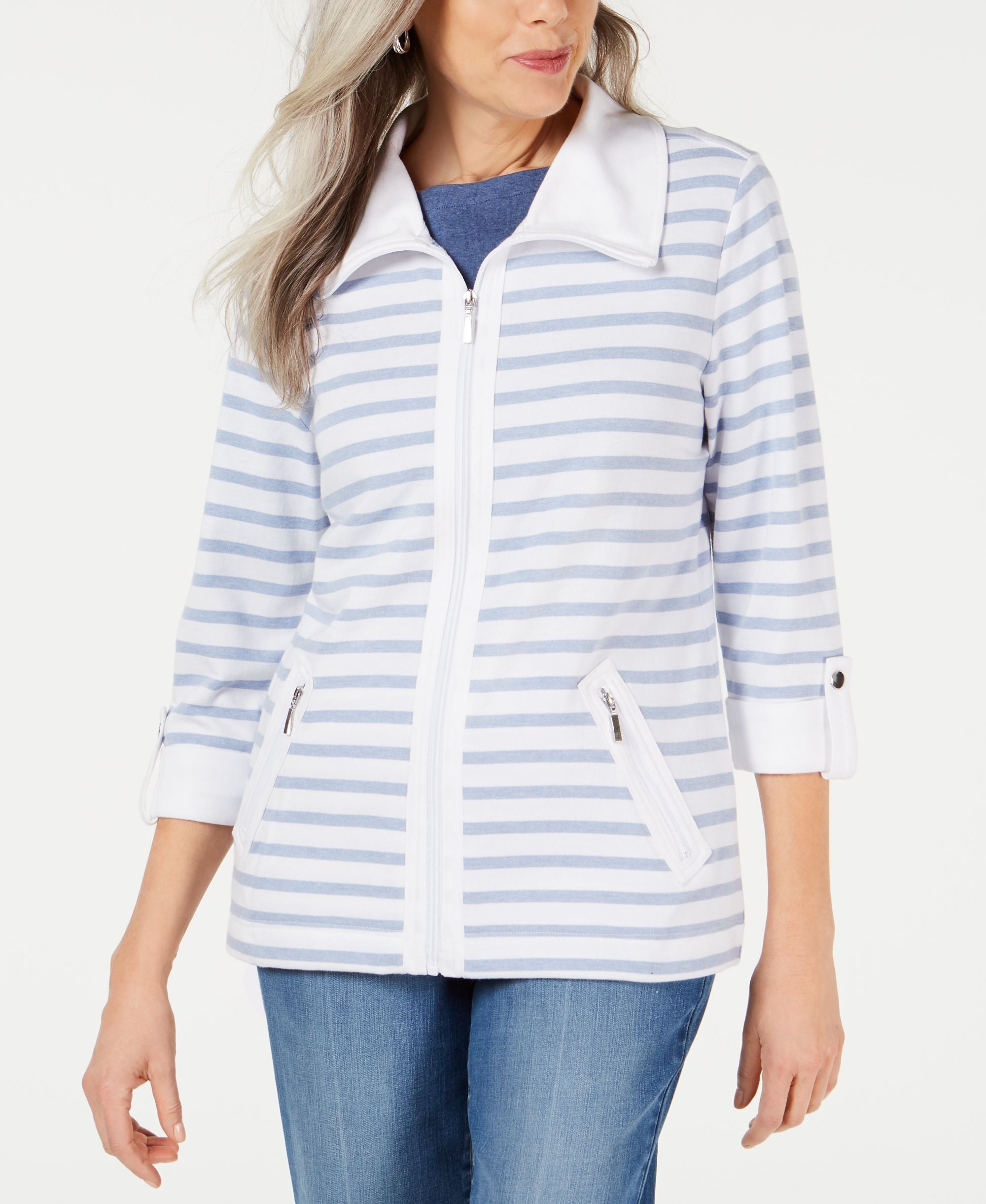 Karen Scott Petite Striped Zip-Front Jacket