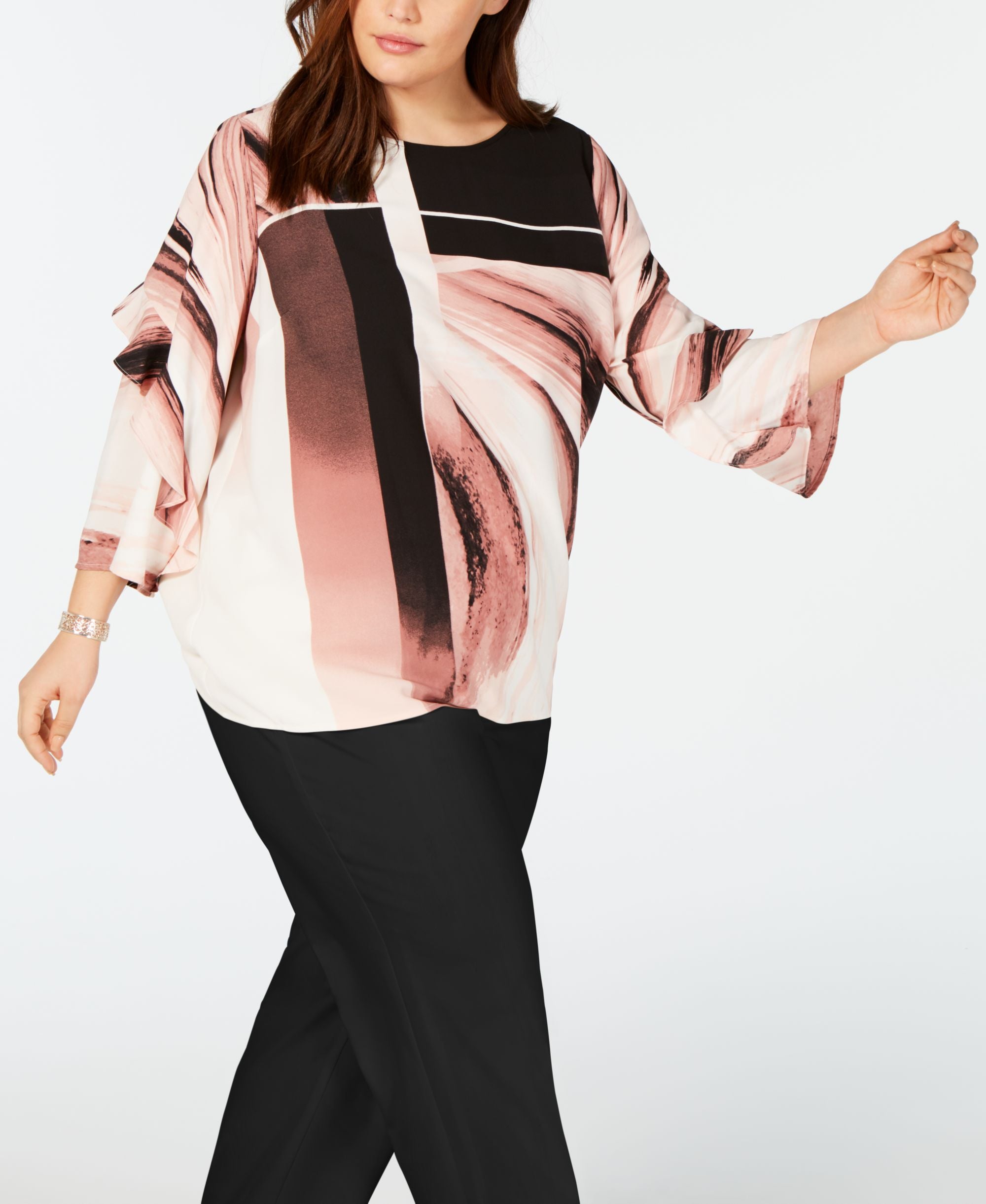Plus Size Printed Flounce-Sleeve Signature Blouse