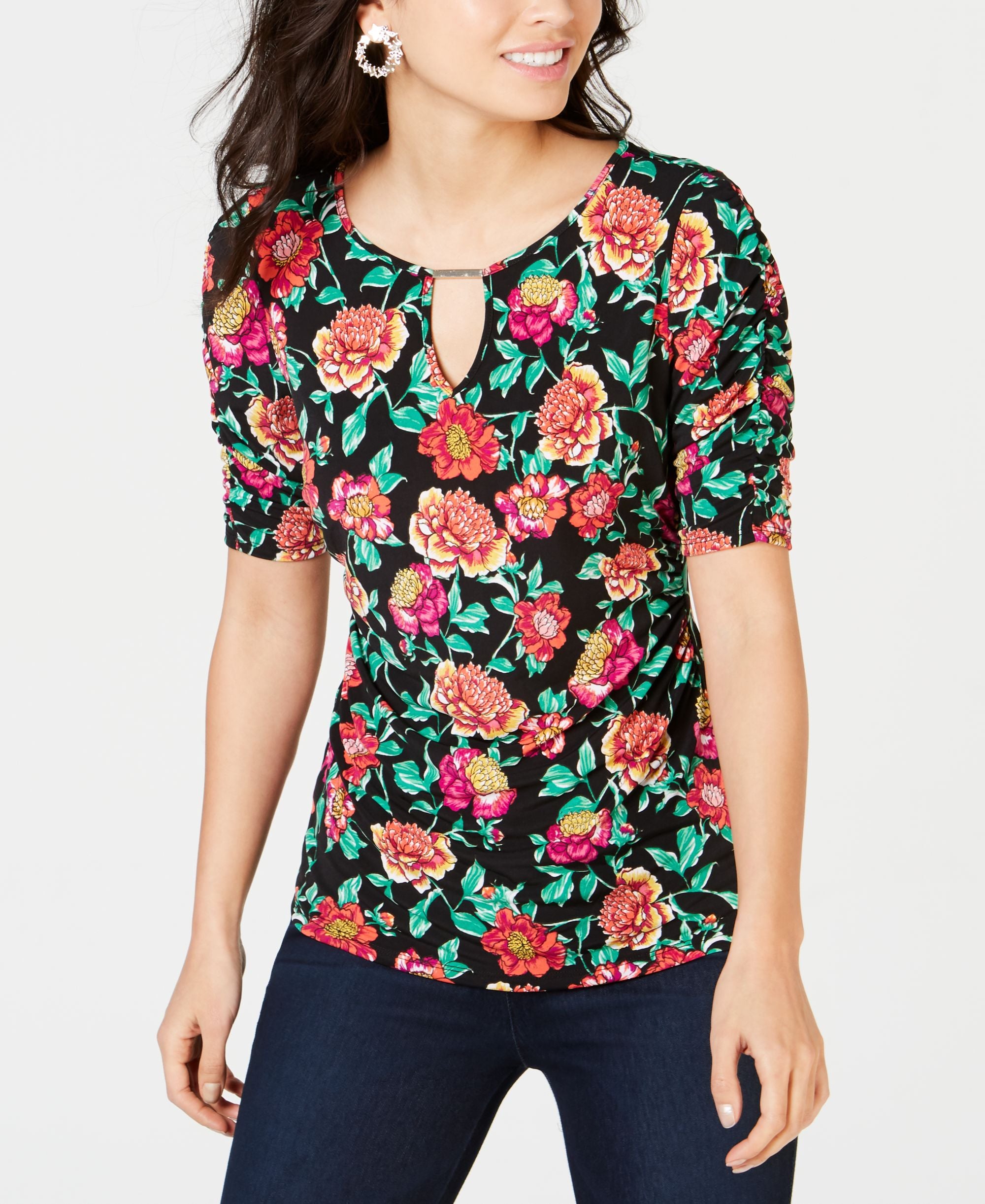 Thalia Sodi Printed Elbow Sleeve Keyhole Premium Top