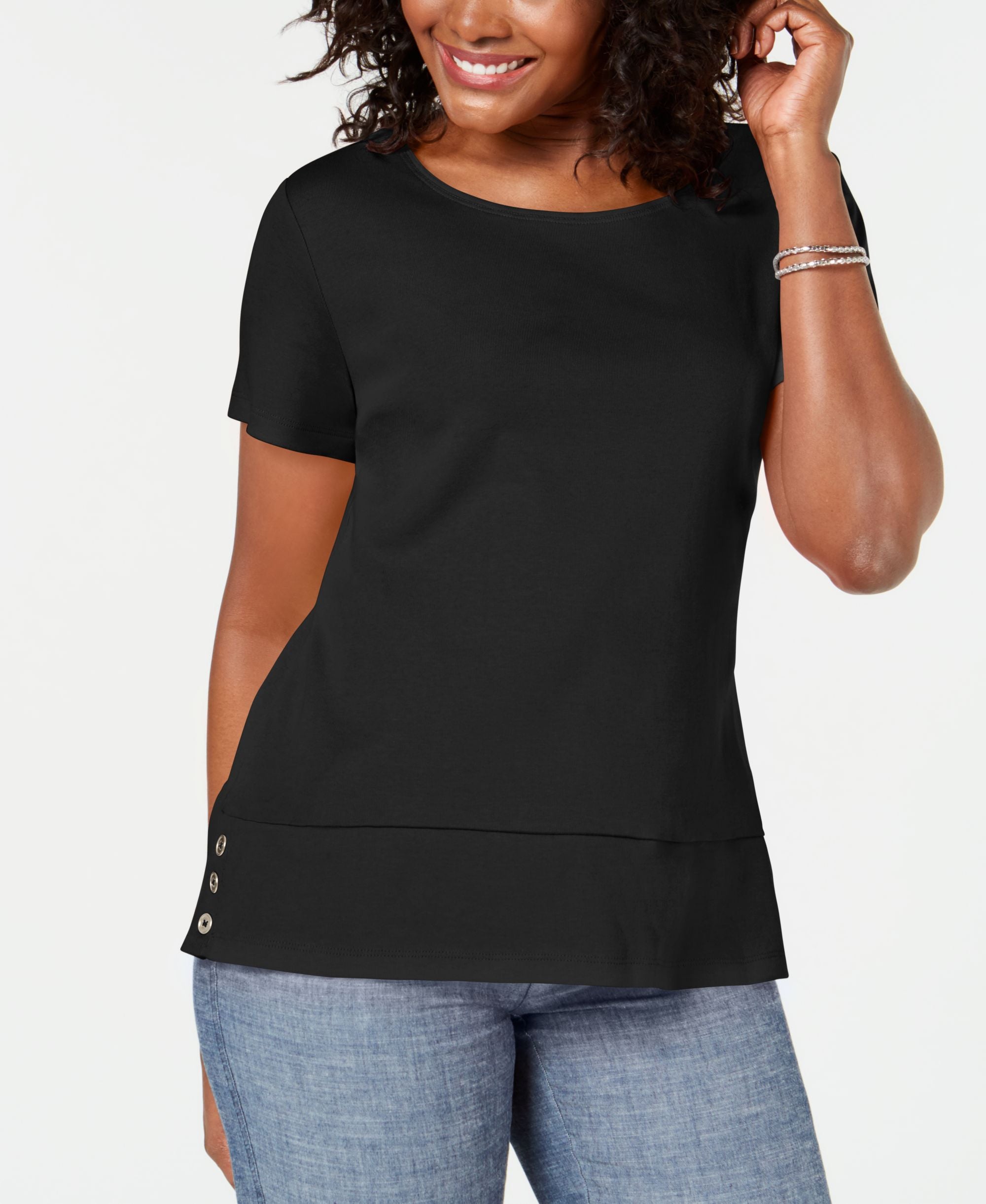 Karen Scott Button Hem Scoop Neck Premium Top