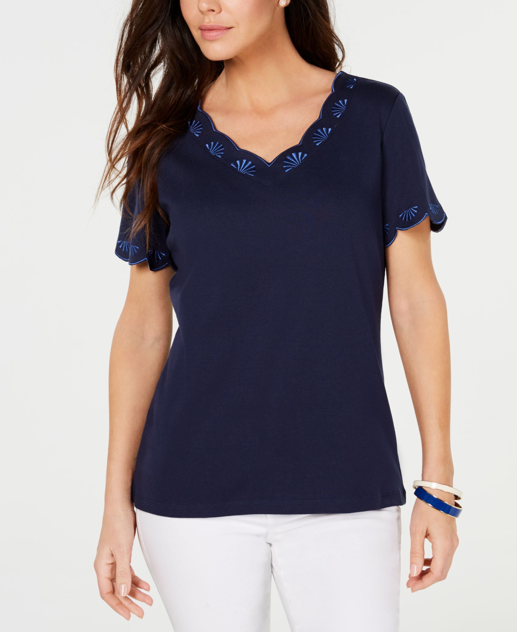 Karen Scott Cotton Embroidered Scalloped T-Modern Shirt