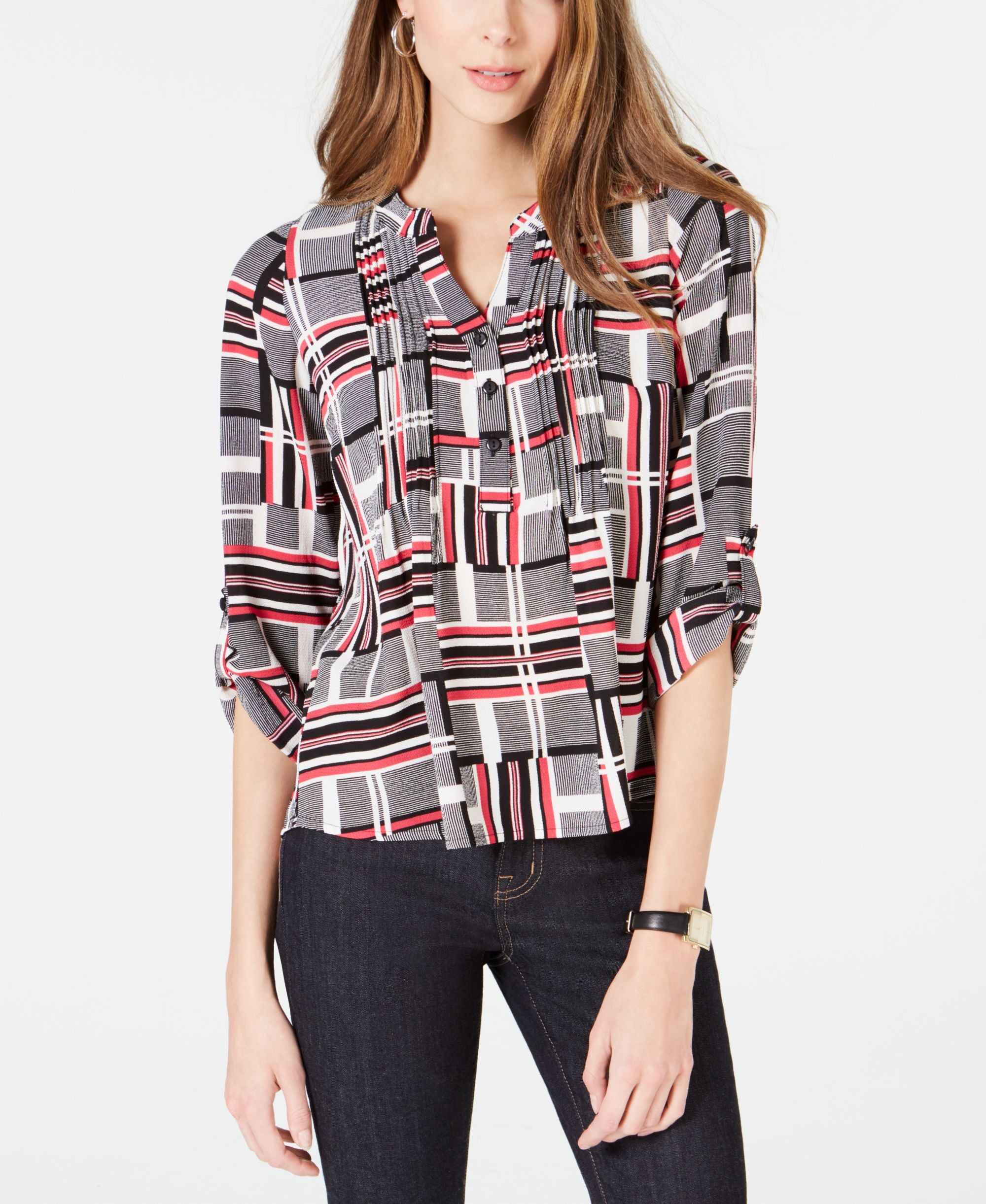 NY Collection Petite Printed Pleat Front Utility Premium Top