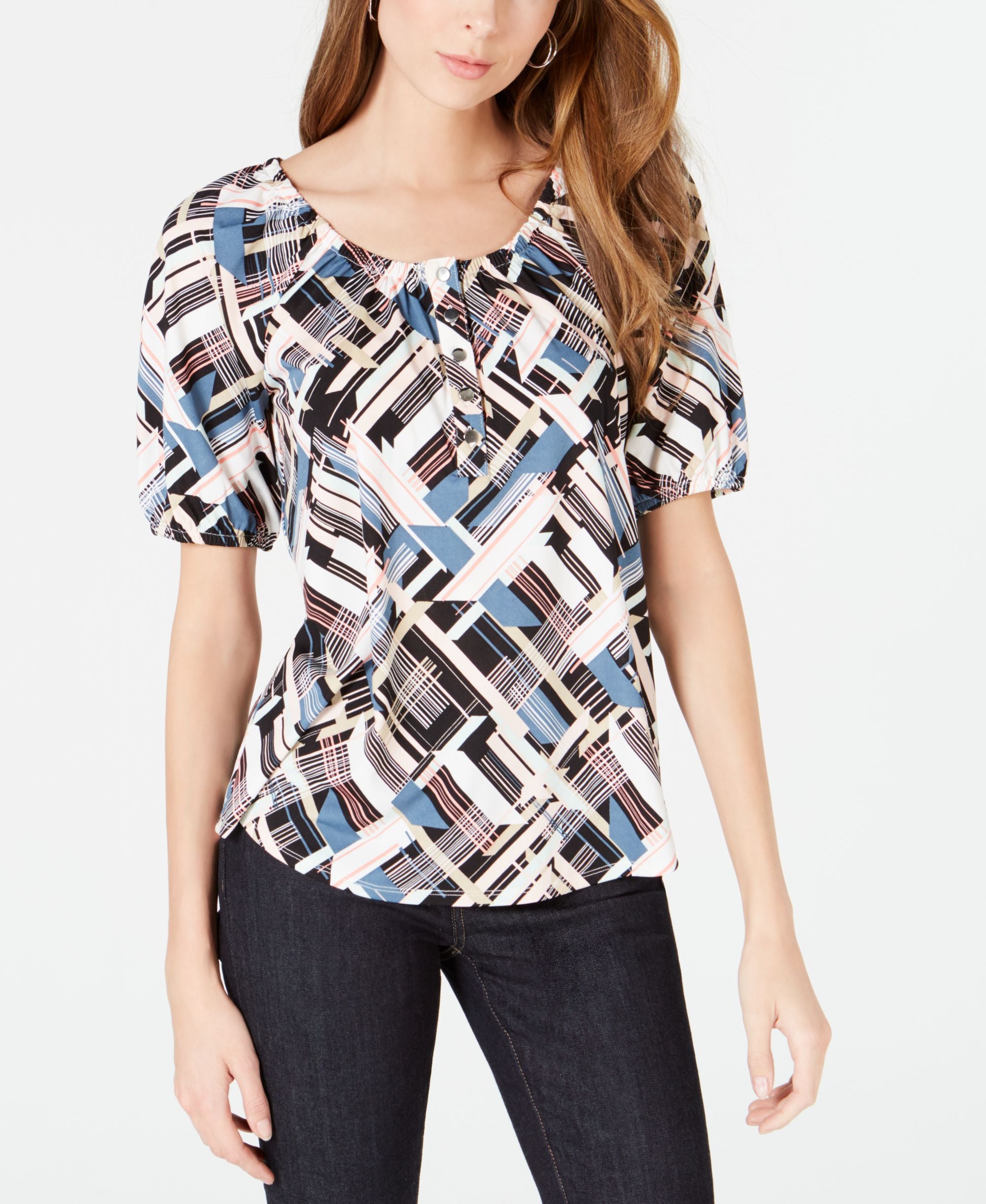 NY Collection Petite Printed Peasant Premium Top