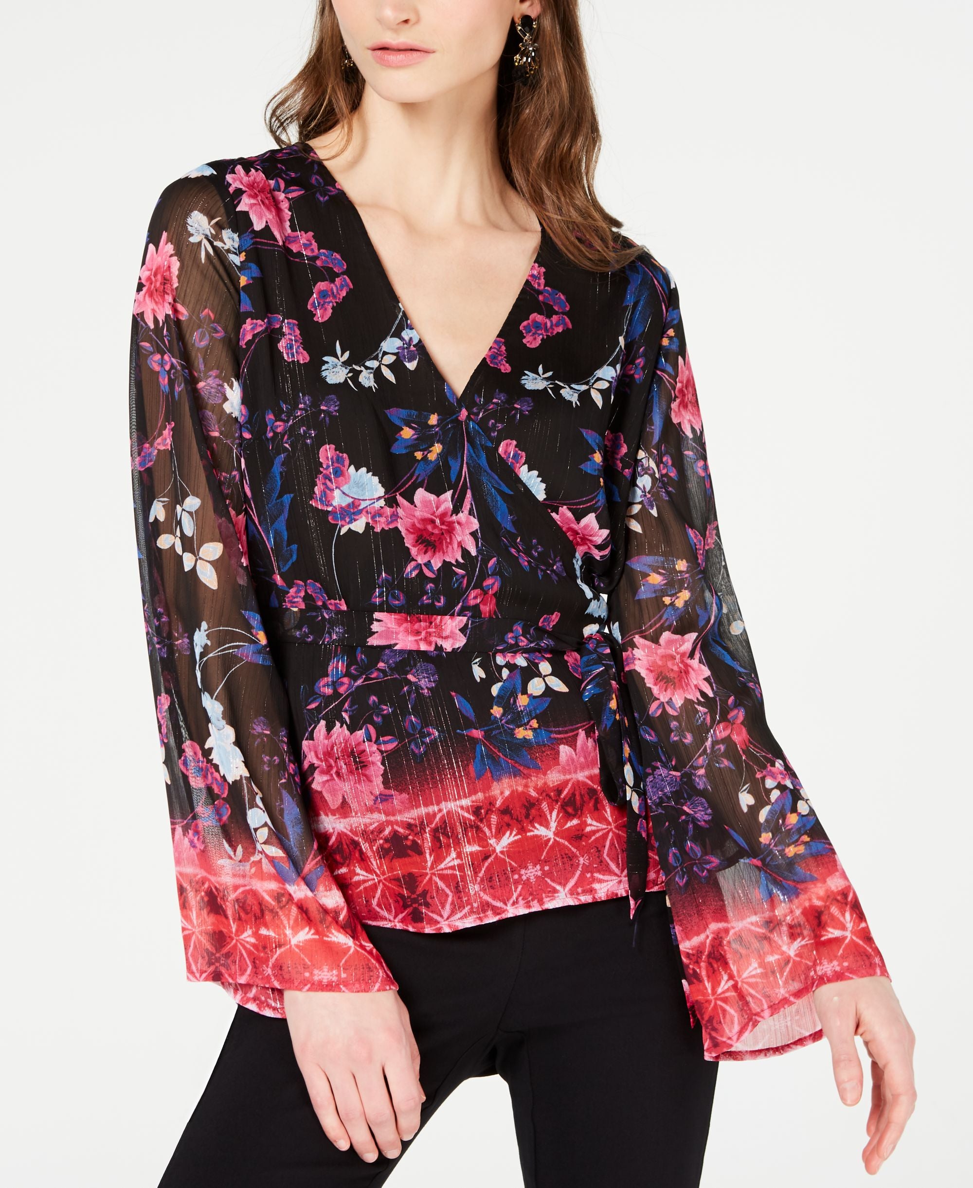 Printed Bell Sleeve Surplice Top