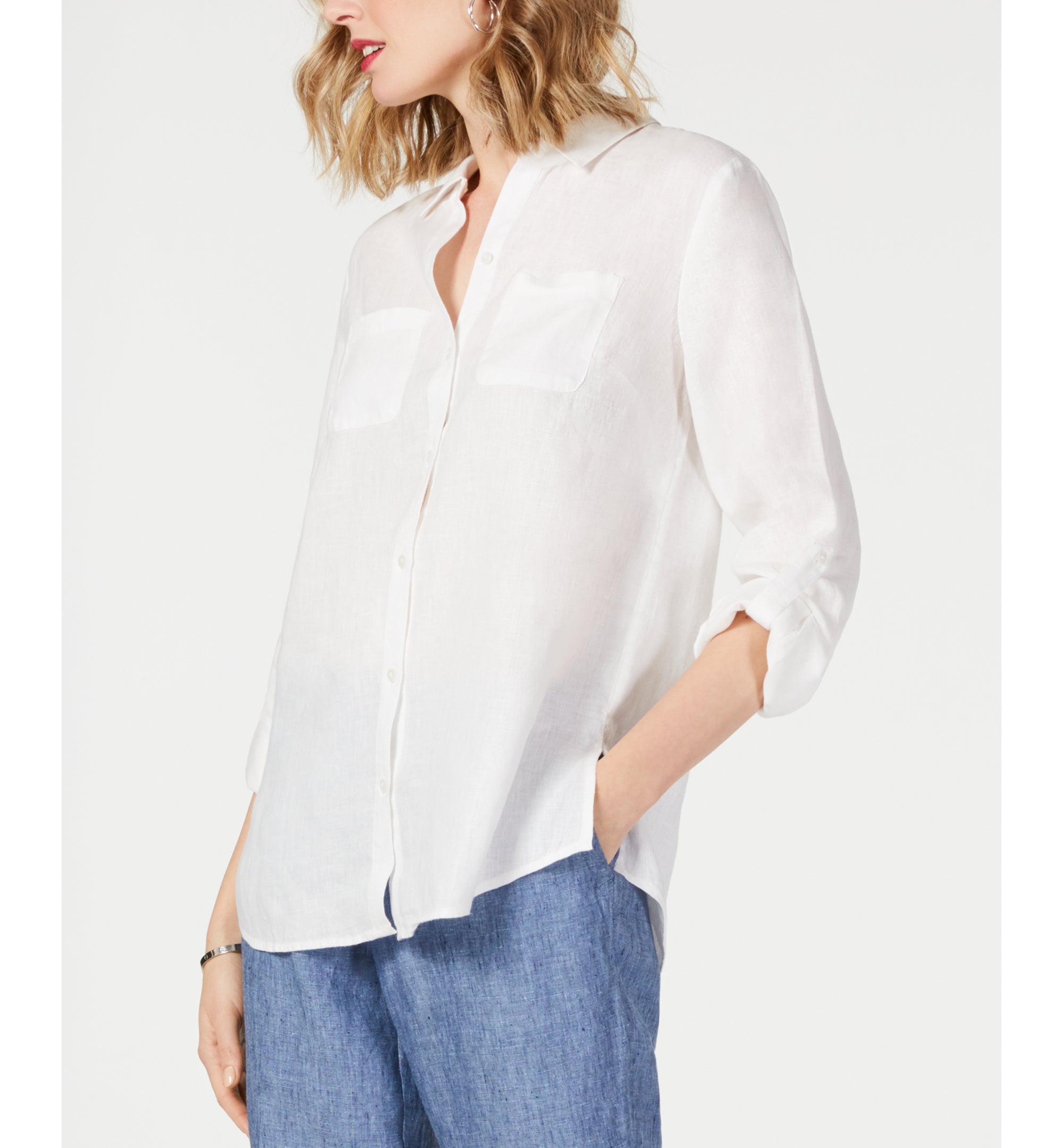 Petite 100% Linen-Blend Button-Front Modern Shirt