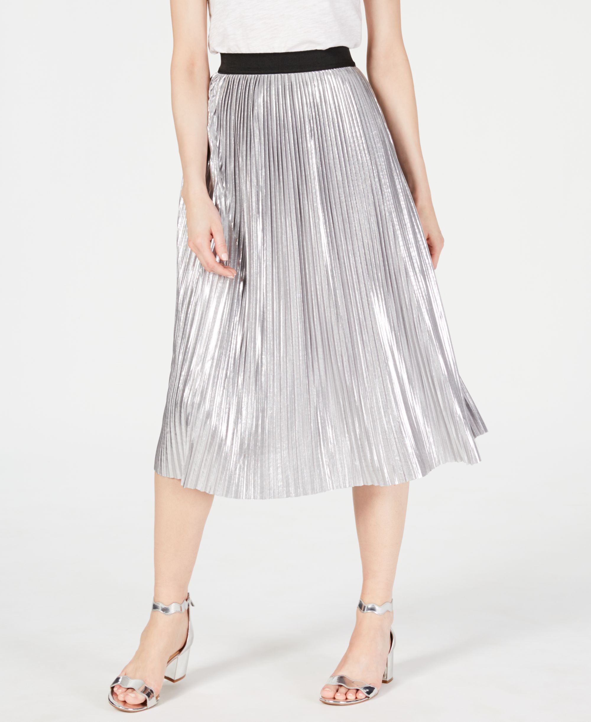 Comfort-Waist Metallic Pleated Midi Modern Skirt