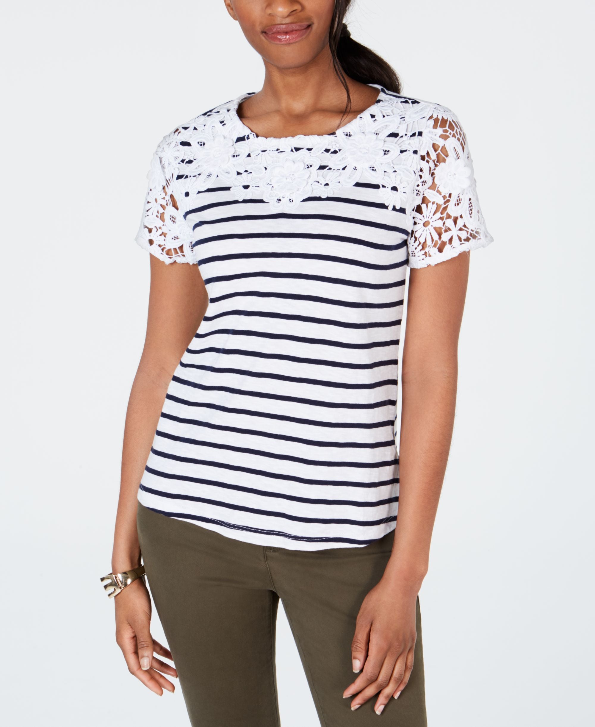 Petite Embroidered Striped Premium Top