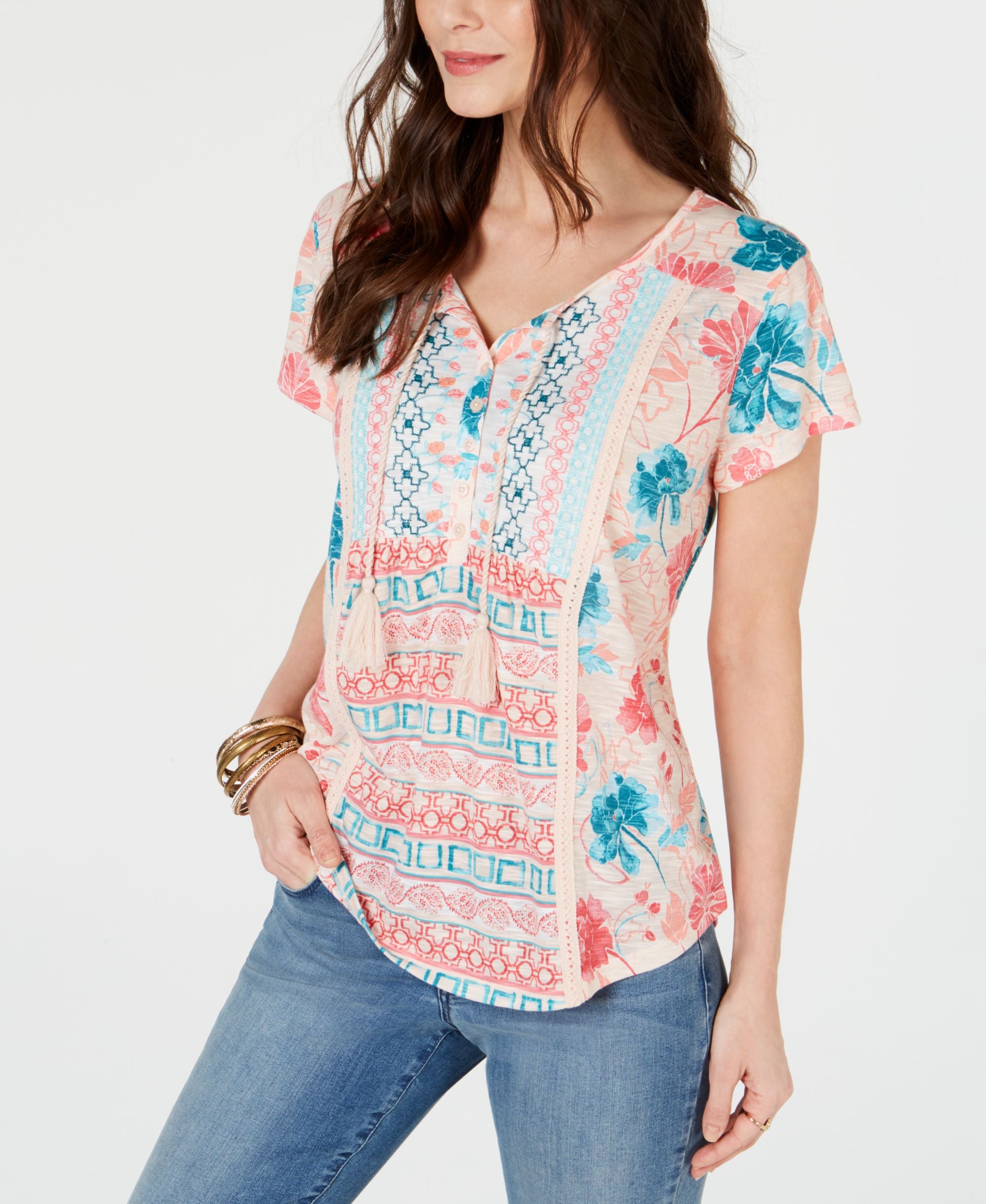 Style & Co Petite Crochet Trim Premium Top