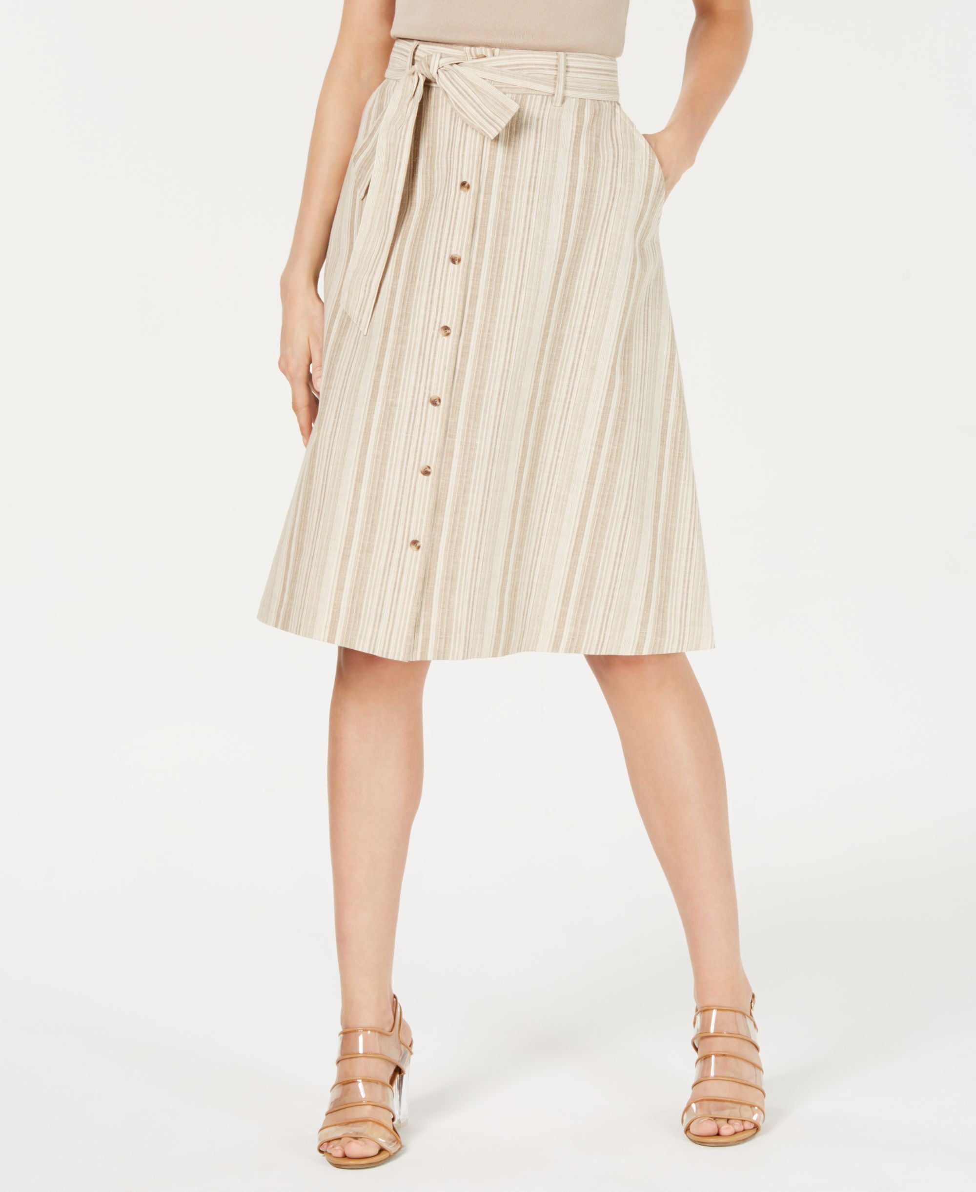 Striped Button-Front Midi Modern Skirt