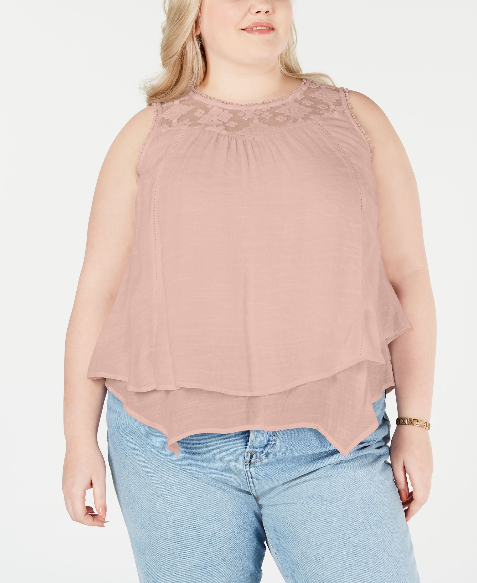 Style & Co Plus Size Lace Yoke Crochet Trim Tiered Flounce Premium Top