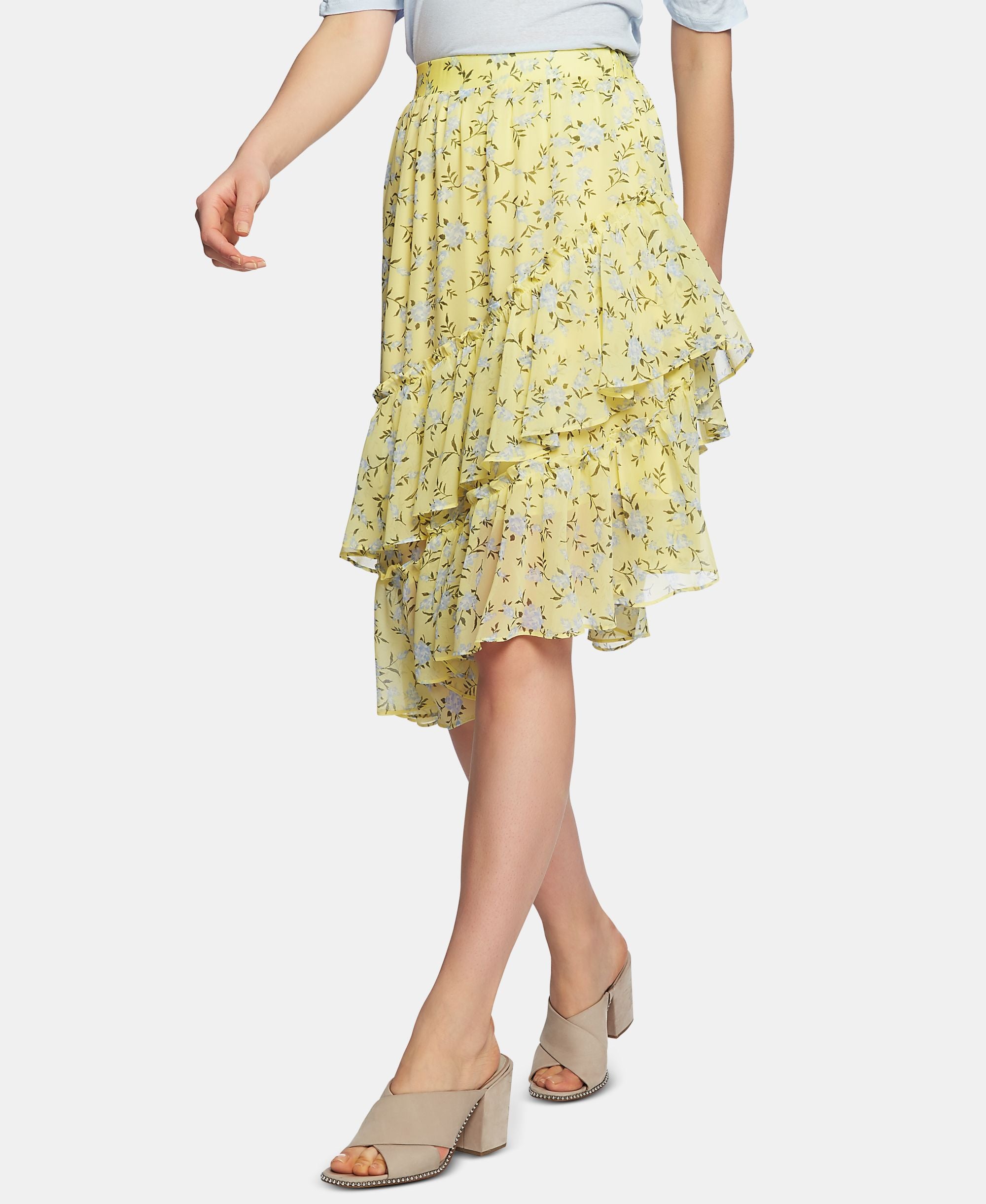 Blossom Printed Tiered Flounce Asymmetrical Modern Skirt