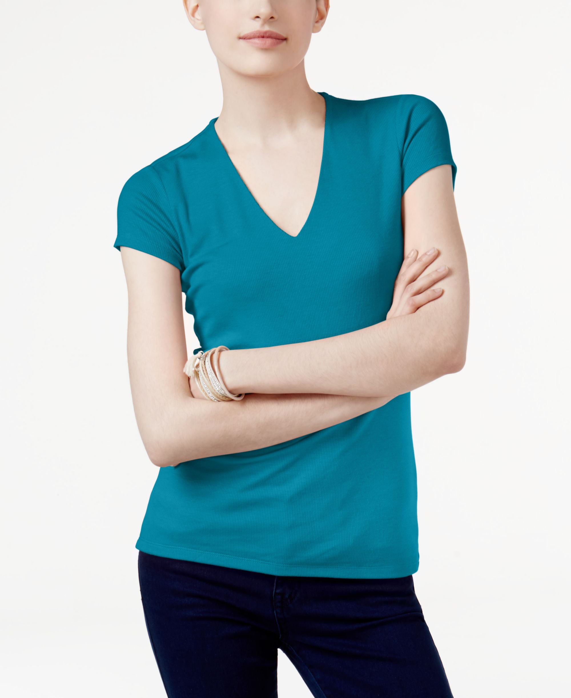 INC International Concepts Ribbed V Neck Premium Top