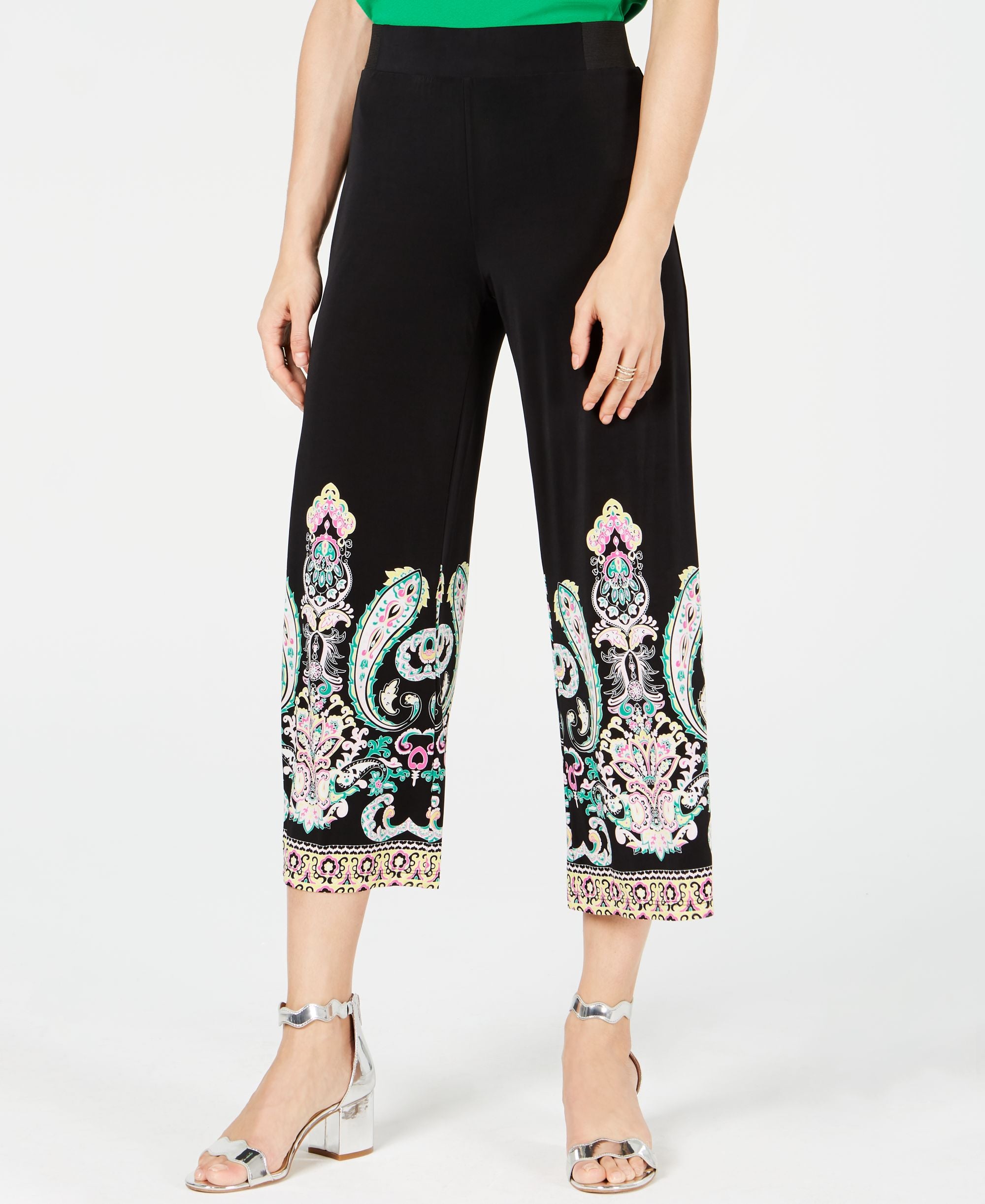 INC Petite Printed Cropped Wide-Leg Signature Pants