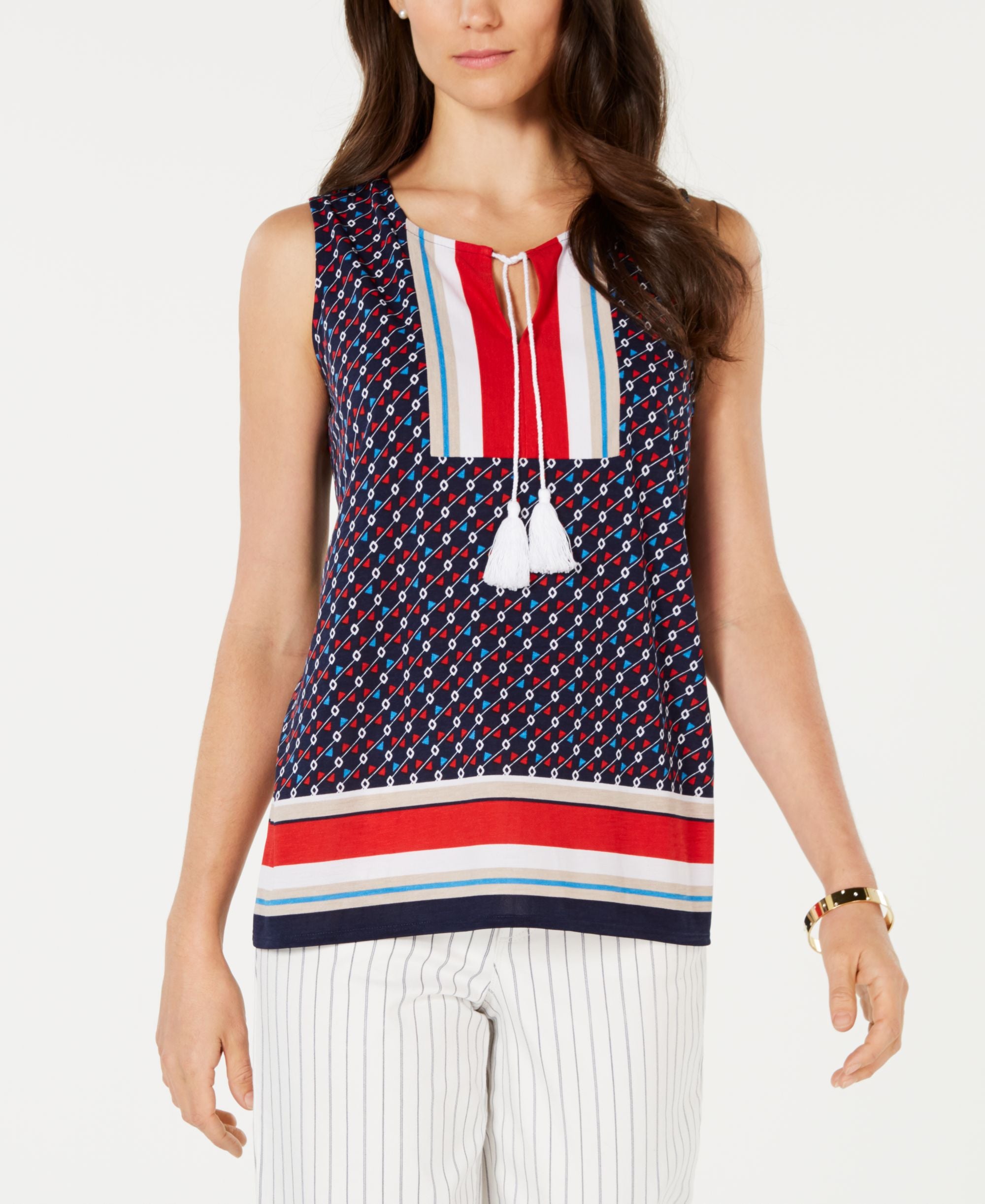 Charter Club Printed Tassel Tie Sleeveless Premium Top