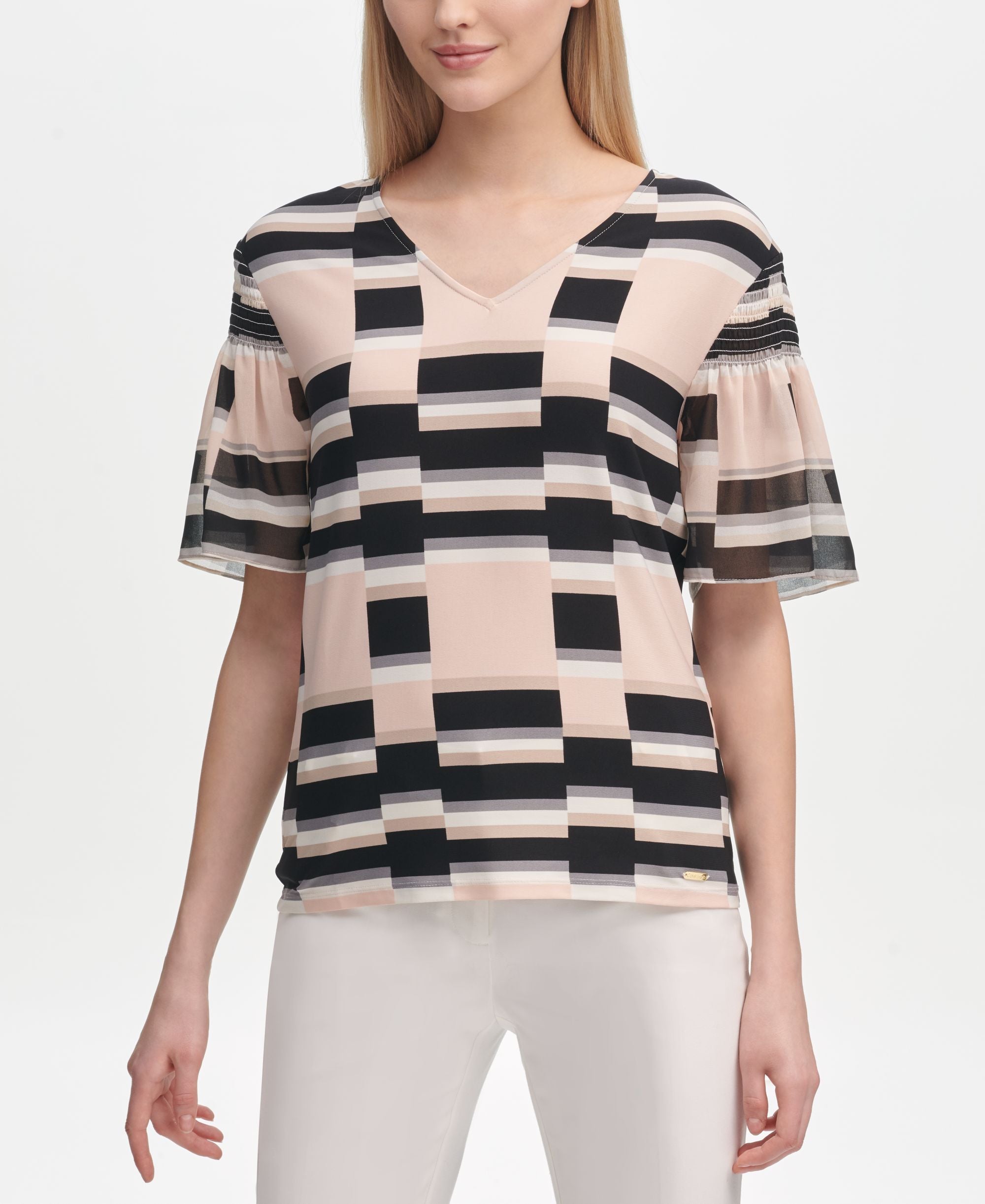 Calvin Klein Printed Ruffle-Sleeve Premium Top