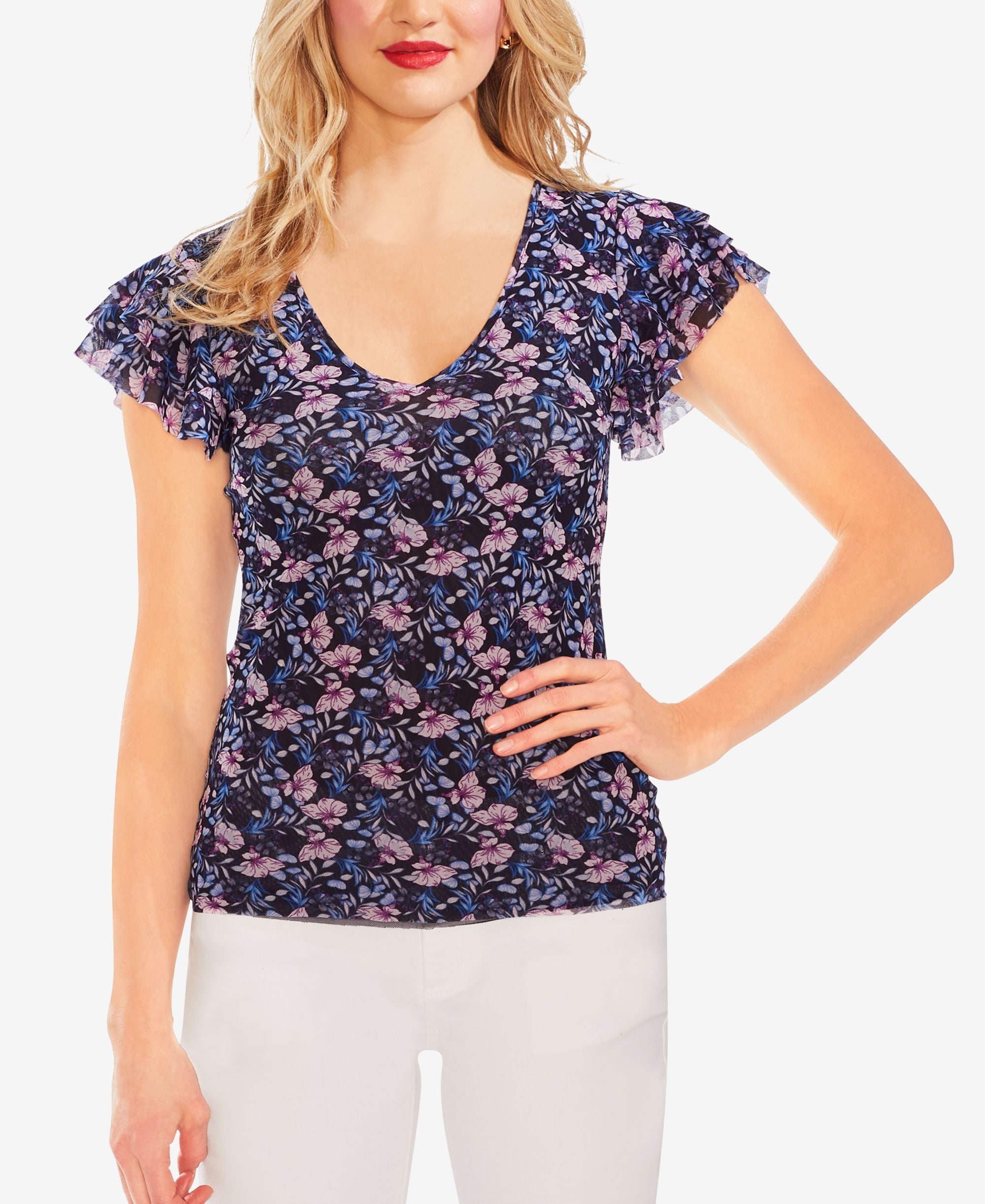 Vince Camuto Floral Print Ruffled Sleeve Premium Top