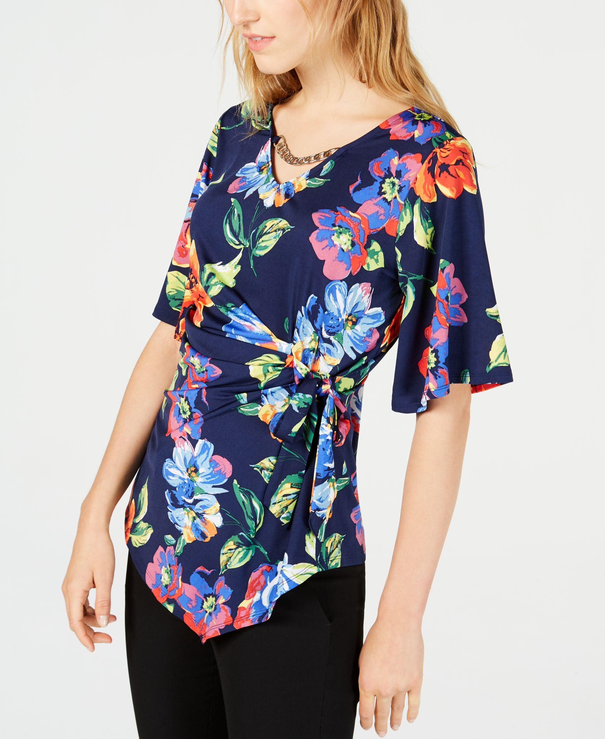 NY Collection Petite Embellished Tie-Waist Premium Top