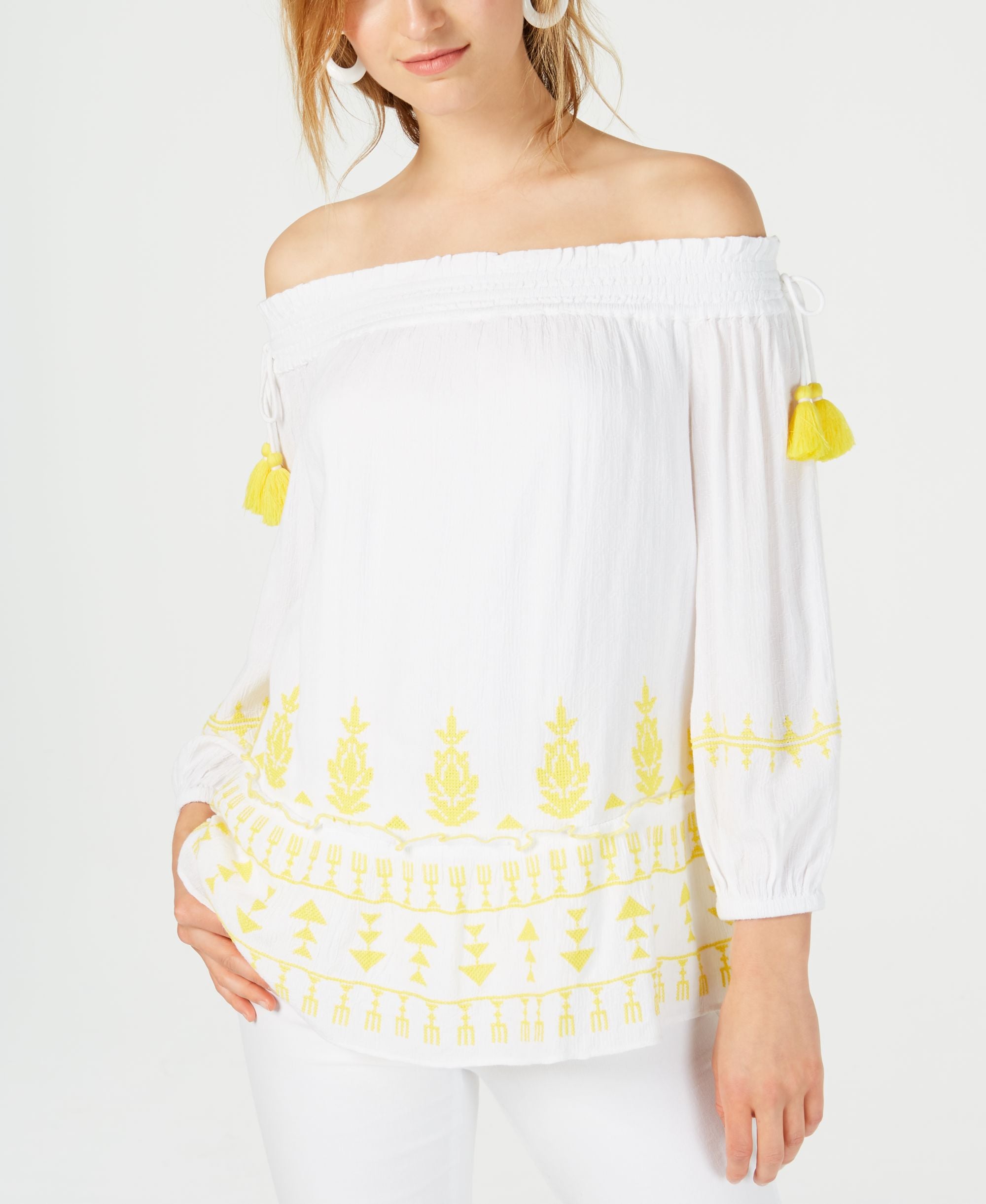 Smocked Embroidered Off The Shoulder Premium Top