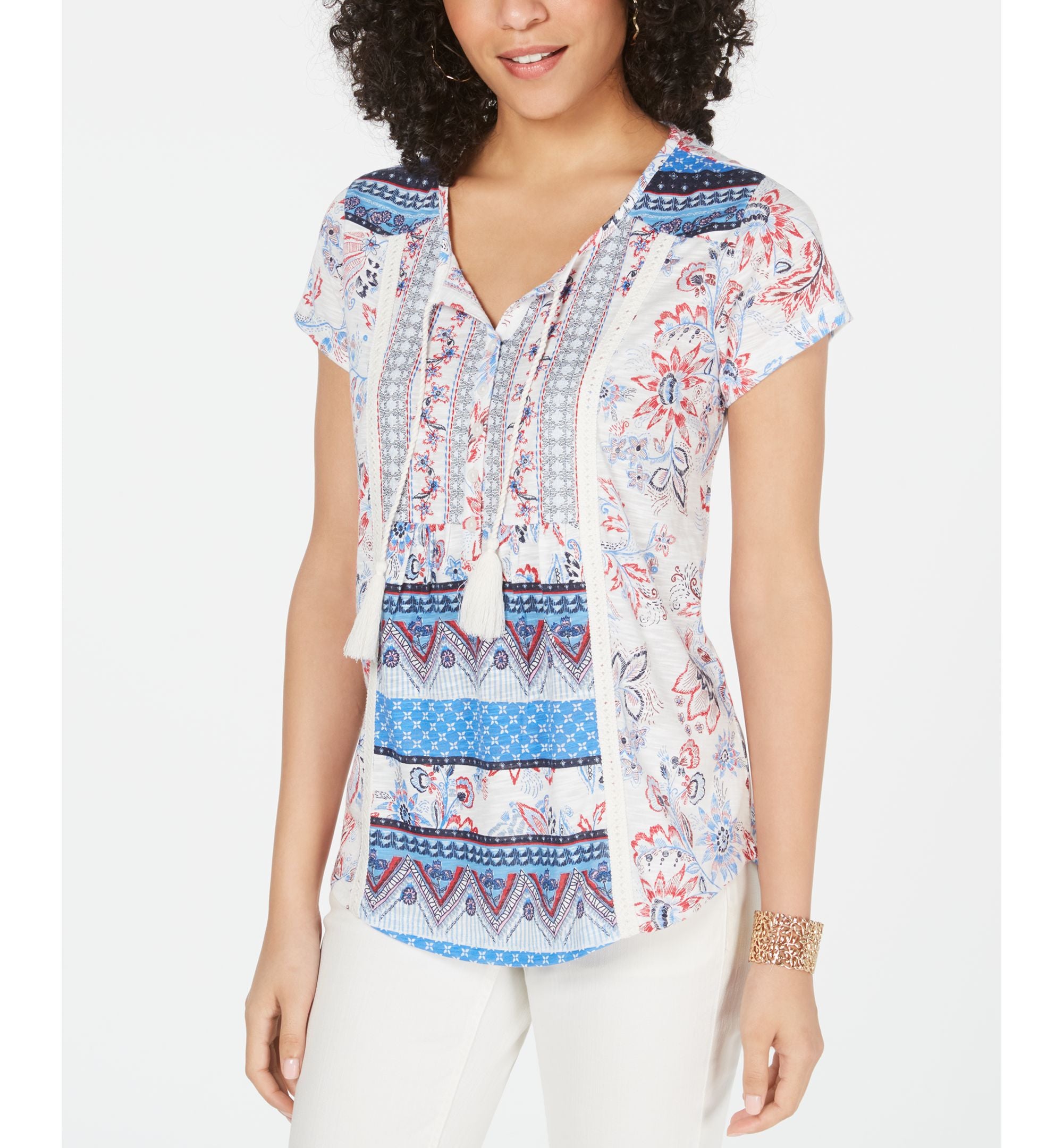 Petite Printed Tassel Premium Top
