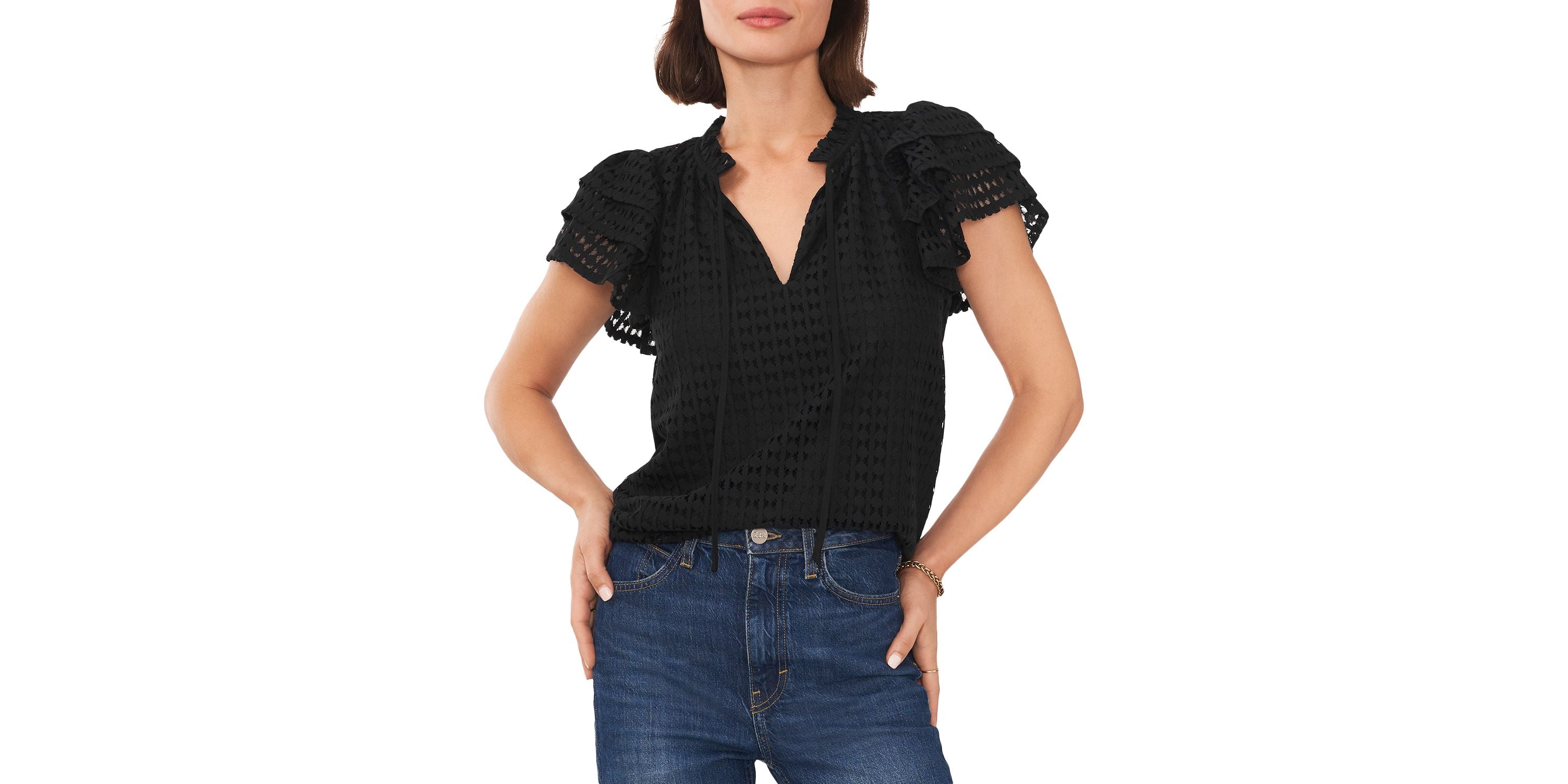 Women's Tie Neck Short Flutter-Sleeve Signature Blouse
